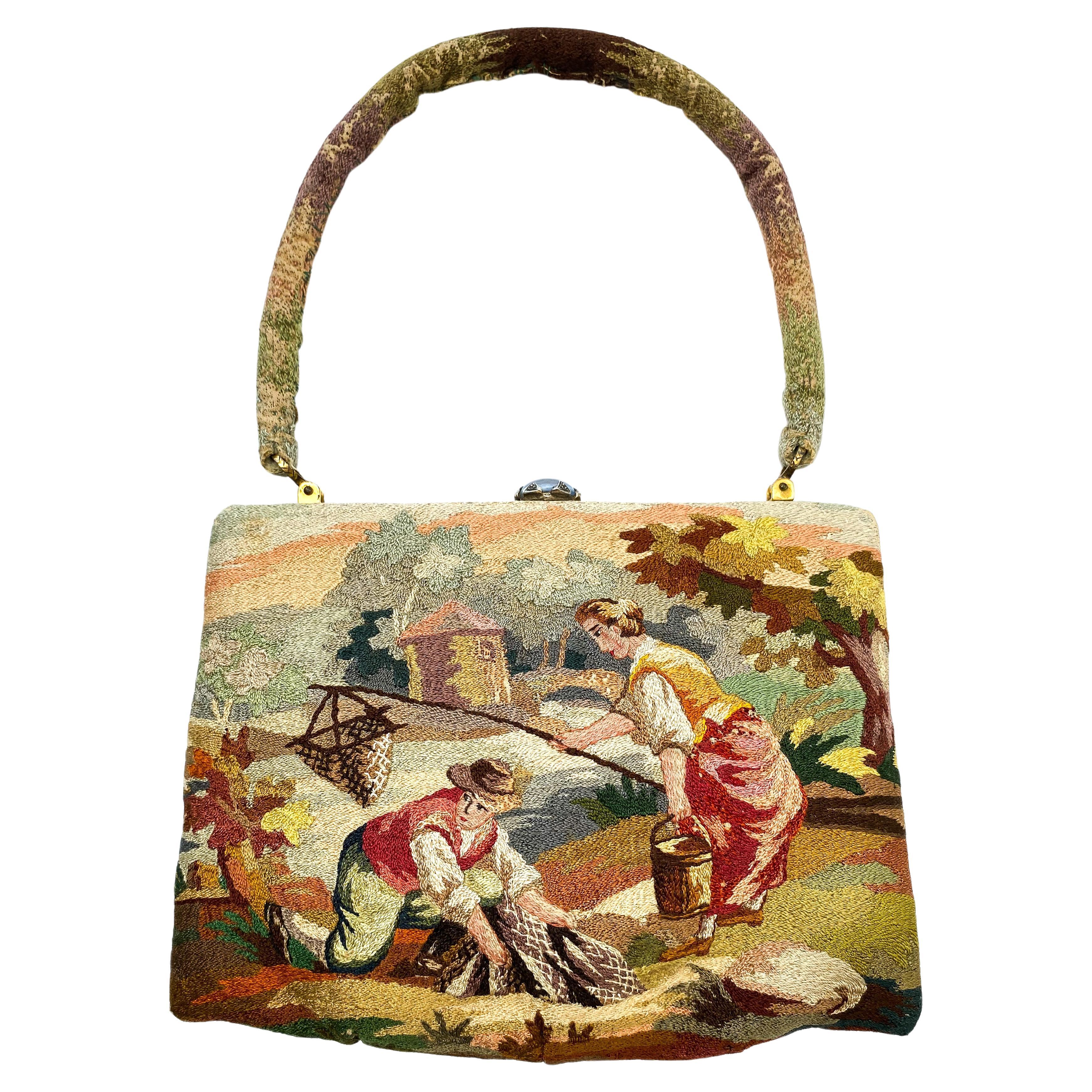 A hand embroidered handbag, depicting a rustic scene, Morabito, Paris, 1950s For Sale