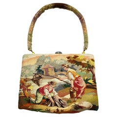 Retro A hand embroidered handbag, depicting a rustic scene, Morabito, Paris, 1950s