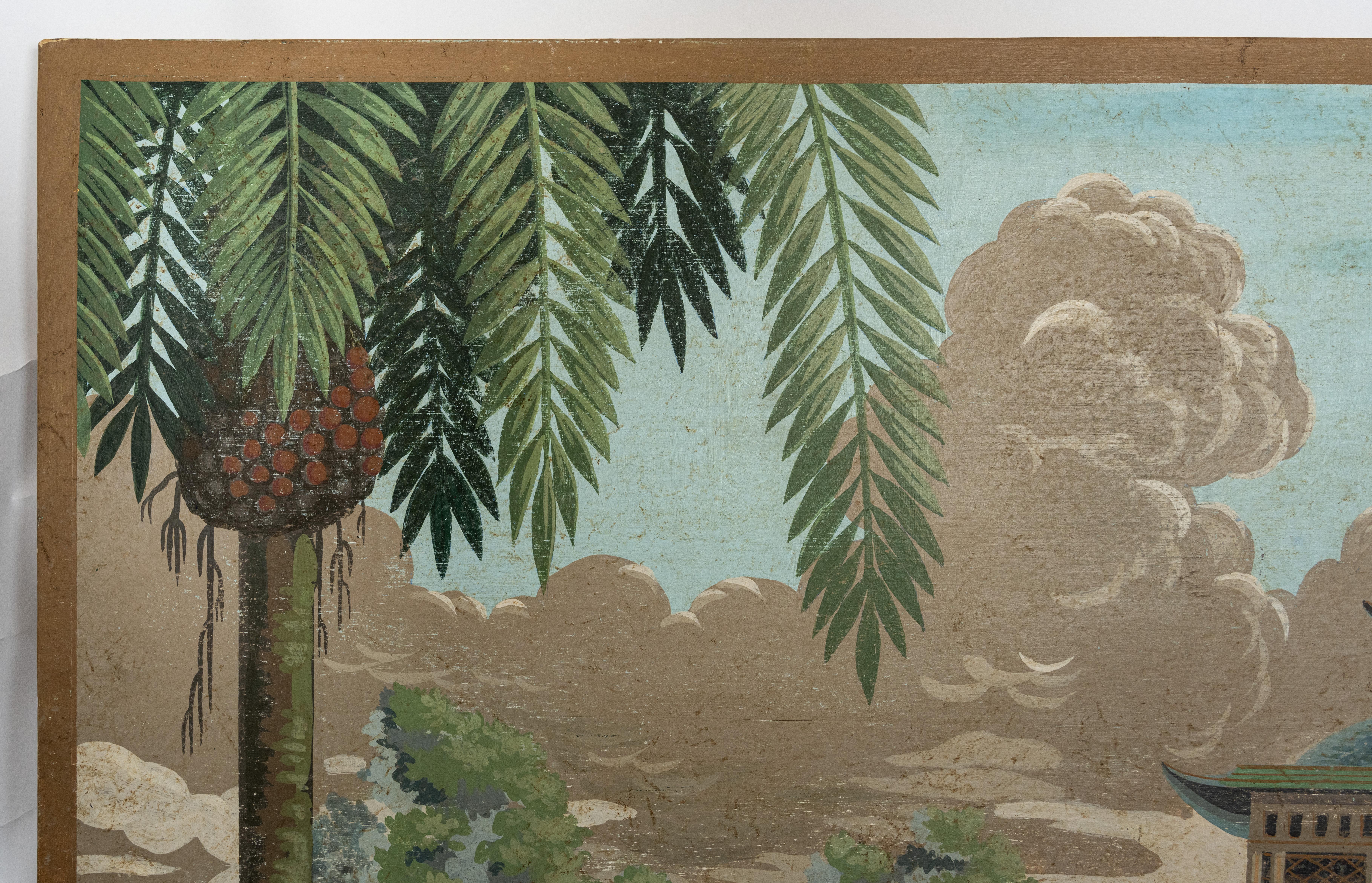A hand painted Chinoiserie design in oil on rice paper, mounted on board. Depicting village figures in a scene with buildings, mountains, and greenery. The design is based on an example found on the walls of the Hotel de Plouer in Saint Malo,