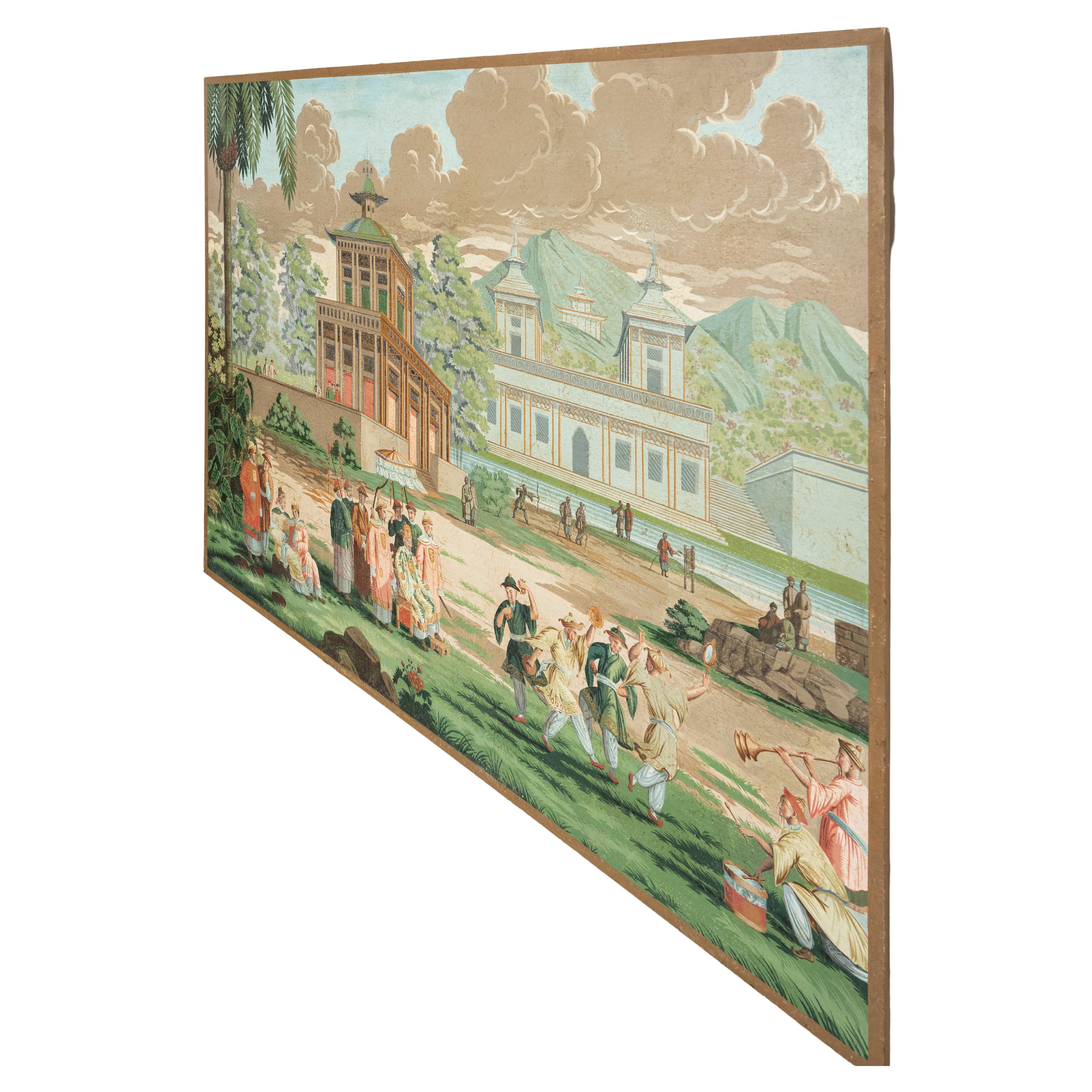 A Hand Painted Chinoiserie Design Wallpaper on Board Panel For Sale at ...