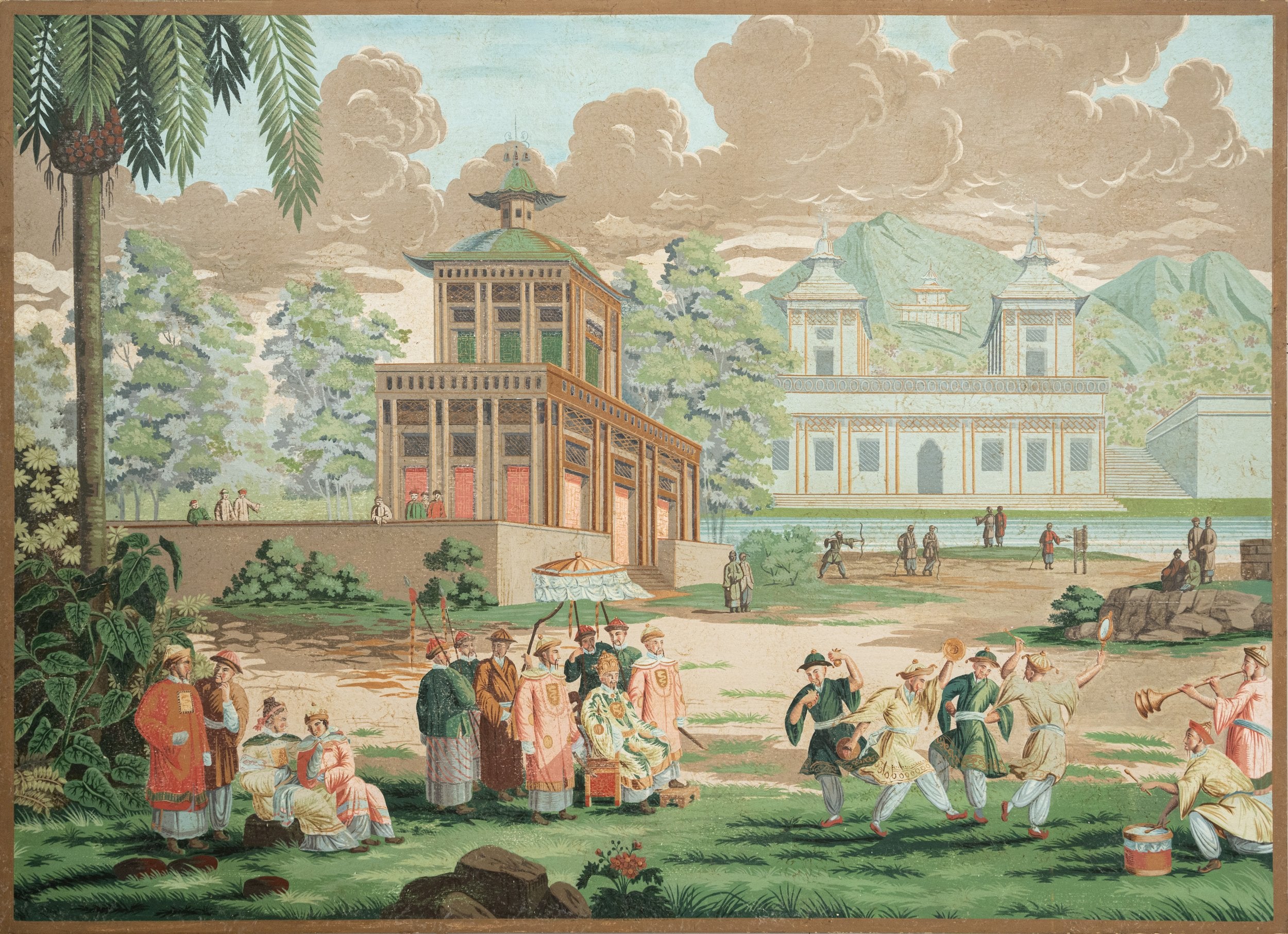 A Hand Painted Chinoiserie Design Wallpaper on Board Panel