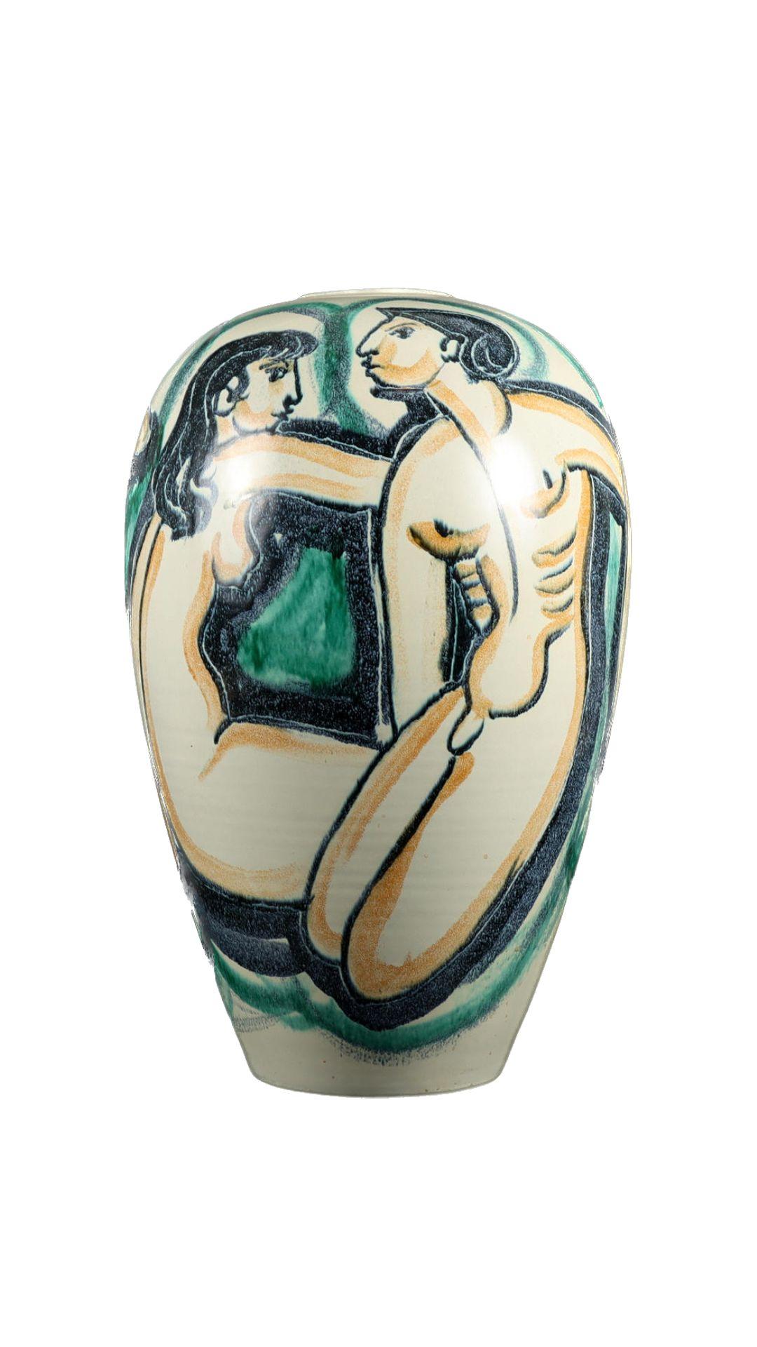 A hand-painted floor vase by Swedish maker Höganäs. The vase depicting stylized male and female nude figures. Signed by makers on the bottom, circa 1950.