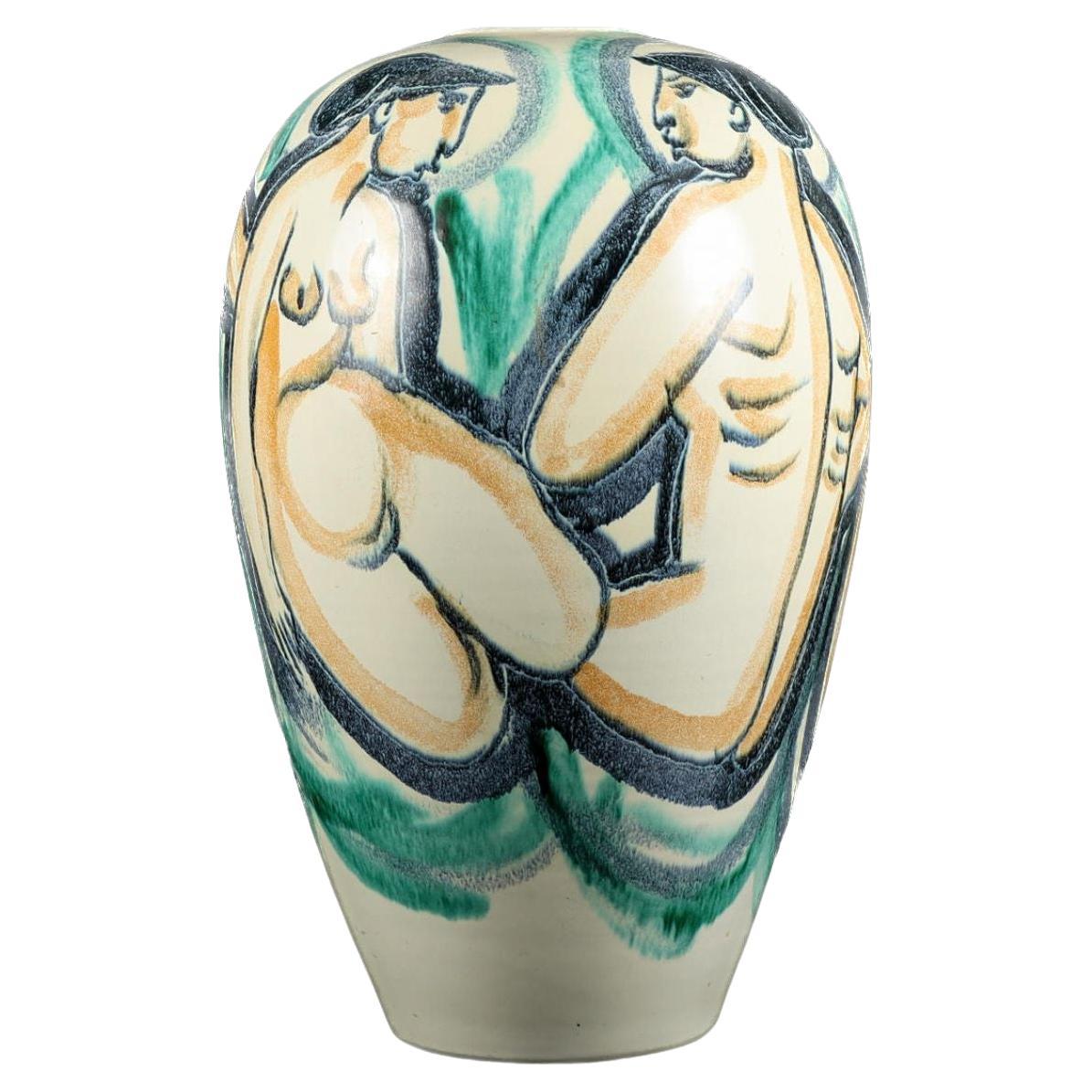 A Hand-Painted Swedish Floor Vase by Höganäs For Sale