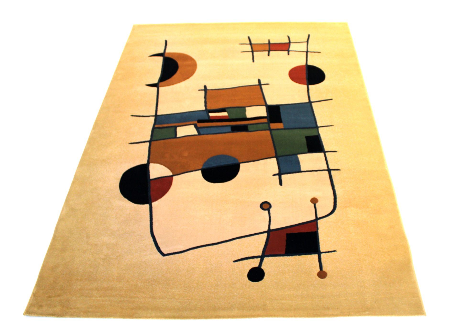 A hand-tufted synthetic wool rug in the style of Joan Miró

A hand-tufted synthetic wool rug in the style of the Spanish surrealist painter Joan Miró with geometric abstraction decor. 
Bright colors interacting with each other.