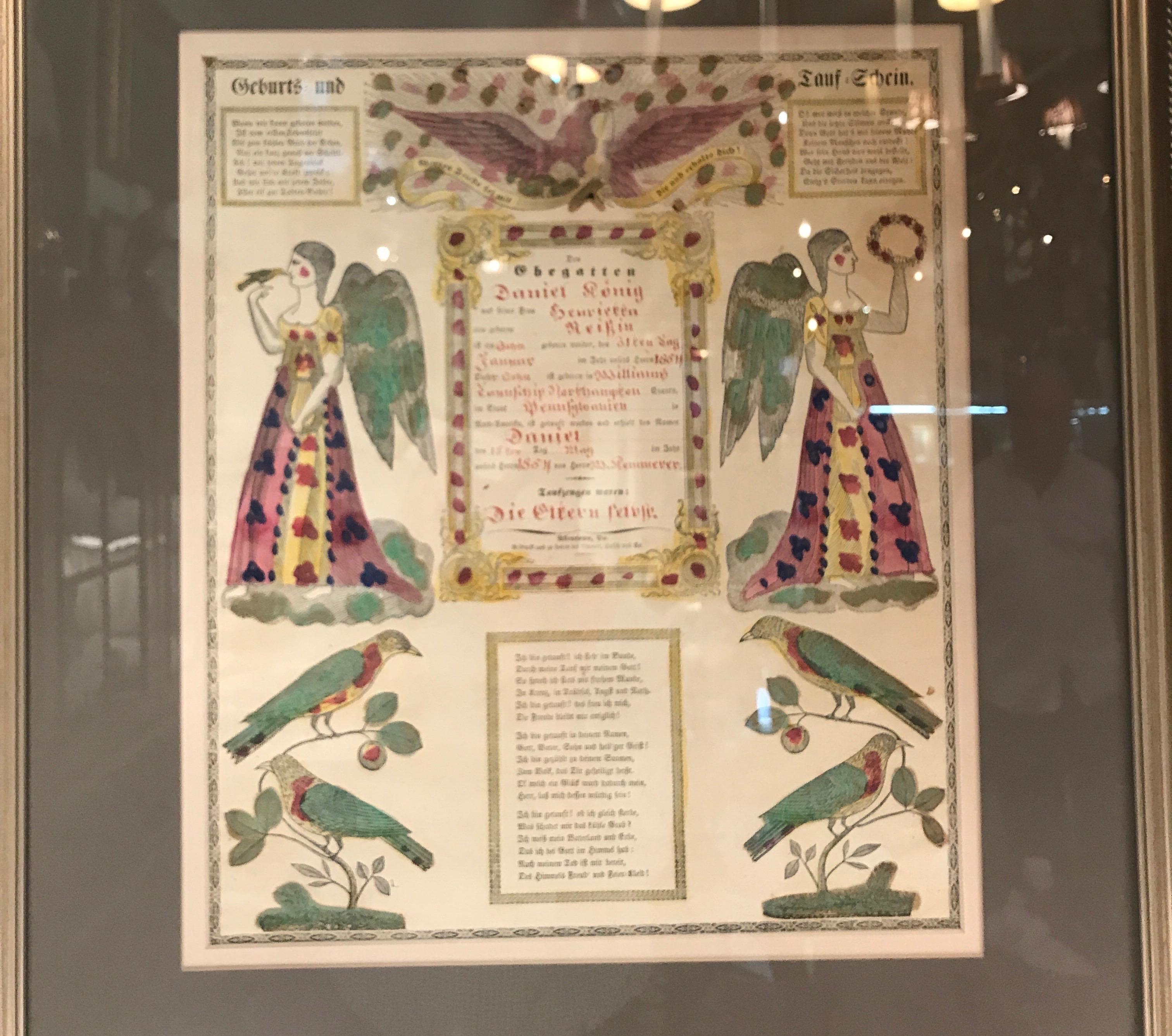 A framed hand written birth announcement for Danile Konig, Pennsylvania 1854
This document known as a Fraktur is calligraphic hand of the Latin alphabet and any of several black letter typefaces derived from this hand. Recent silver giltwood frame