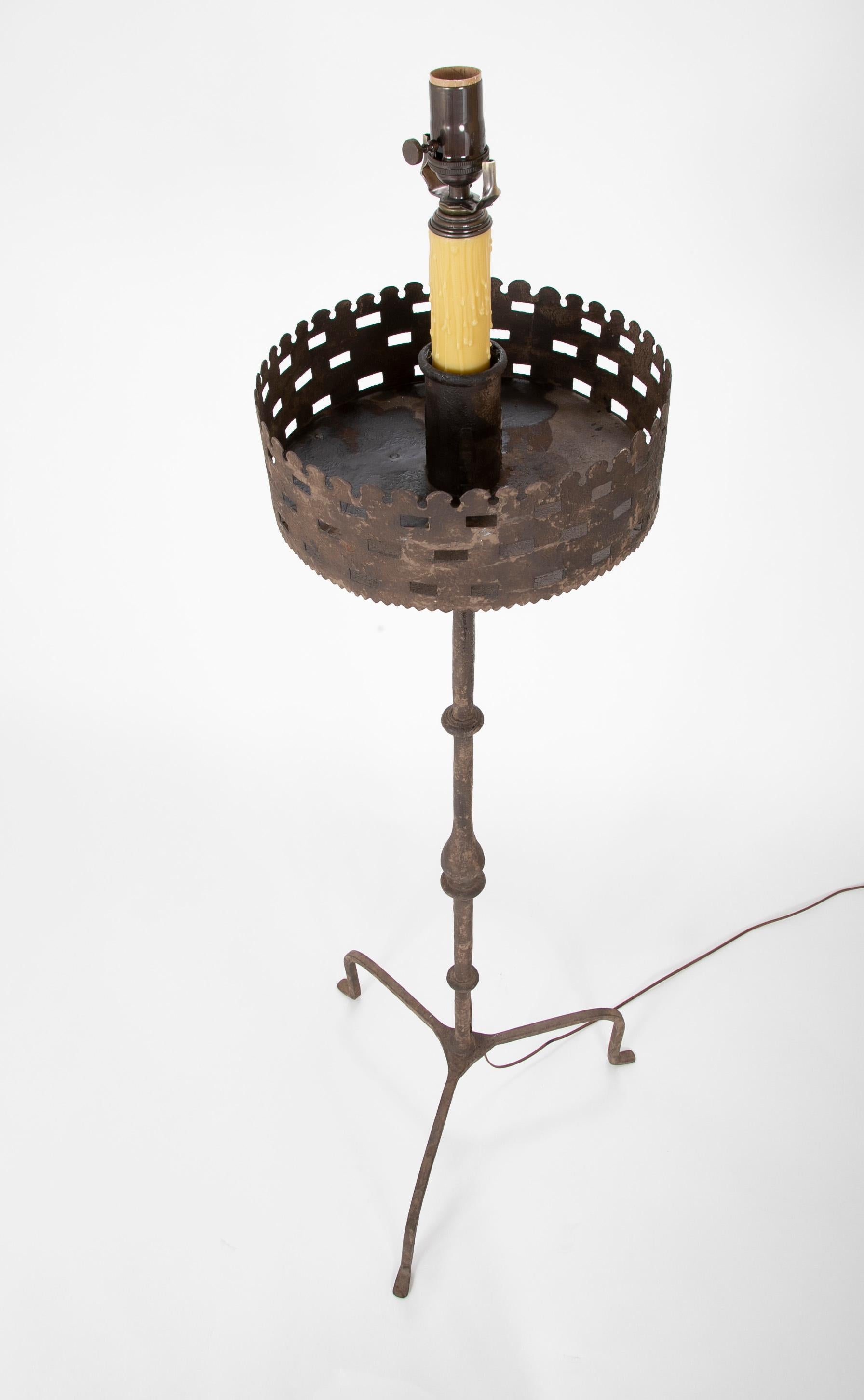 Handwrought Iron Pricket Stick Now as Lamp with Crenulated Bobeche For Sale 4