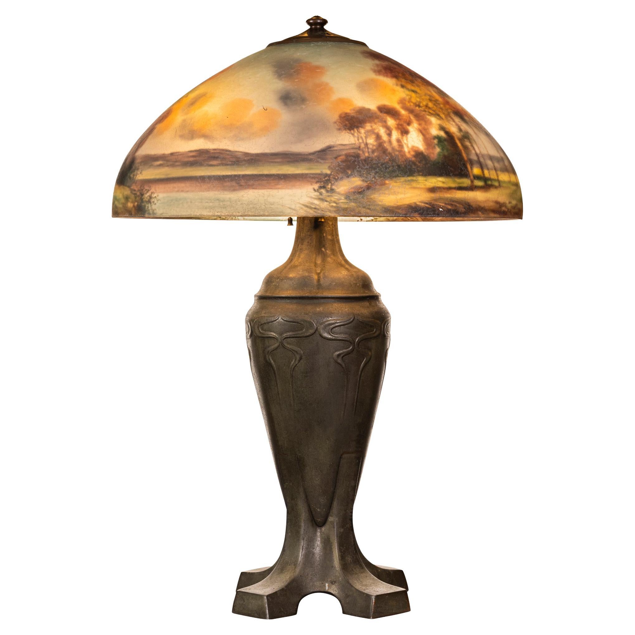 Handel Patinated Metal Lamp with Reverse Painted Glass Shade