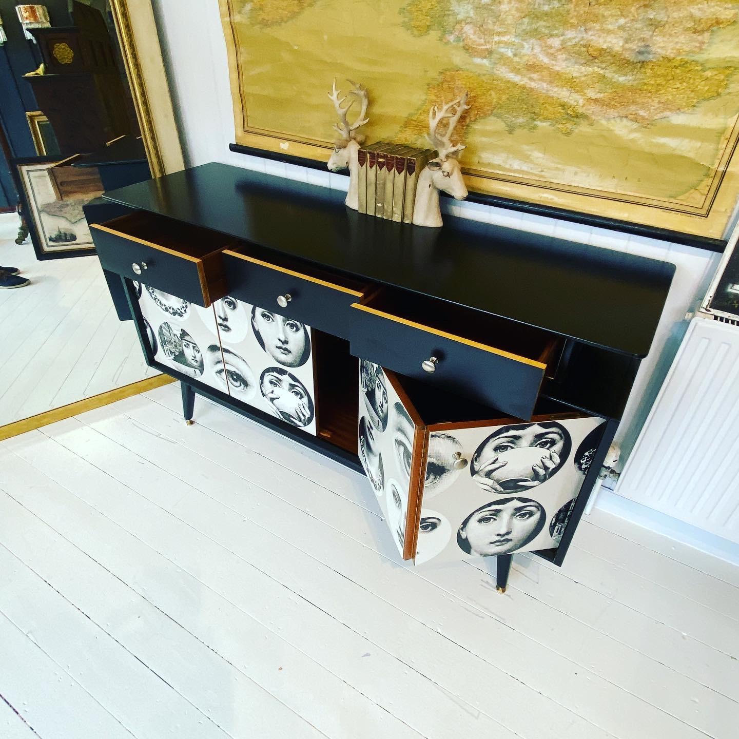 Mid-Century Modern Handfinished 1950s Sideboard with Fornasetti Decoupage For Sale