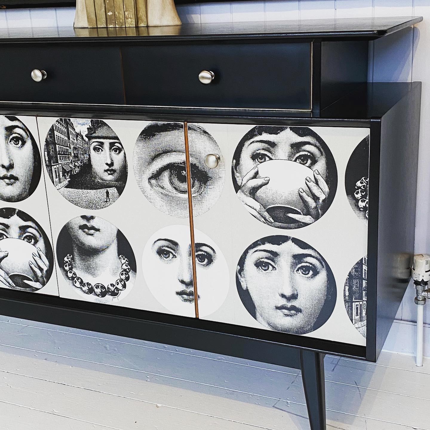English Handfinished 1950s Sideboard with Fornasetti Decoupage For Sale