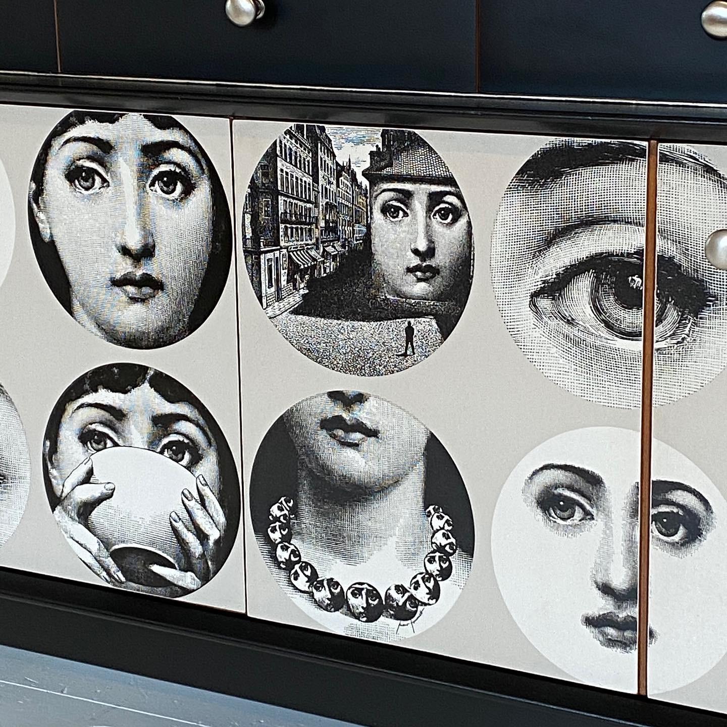 Handfinished 1950s Sideboard with Fornasetti Decoupage In Good Condition For Sale In Heathfield, East Sussex