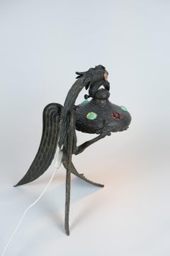 A Handmade Art Nouveau Eagle Table Lamp, Patinated Bronze & Glass Stones, 1930s