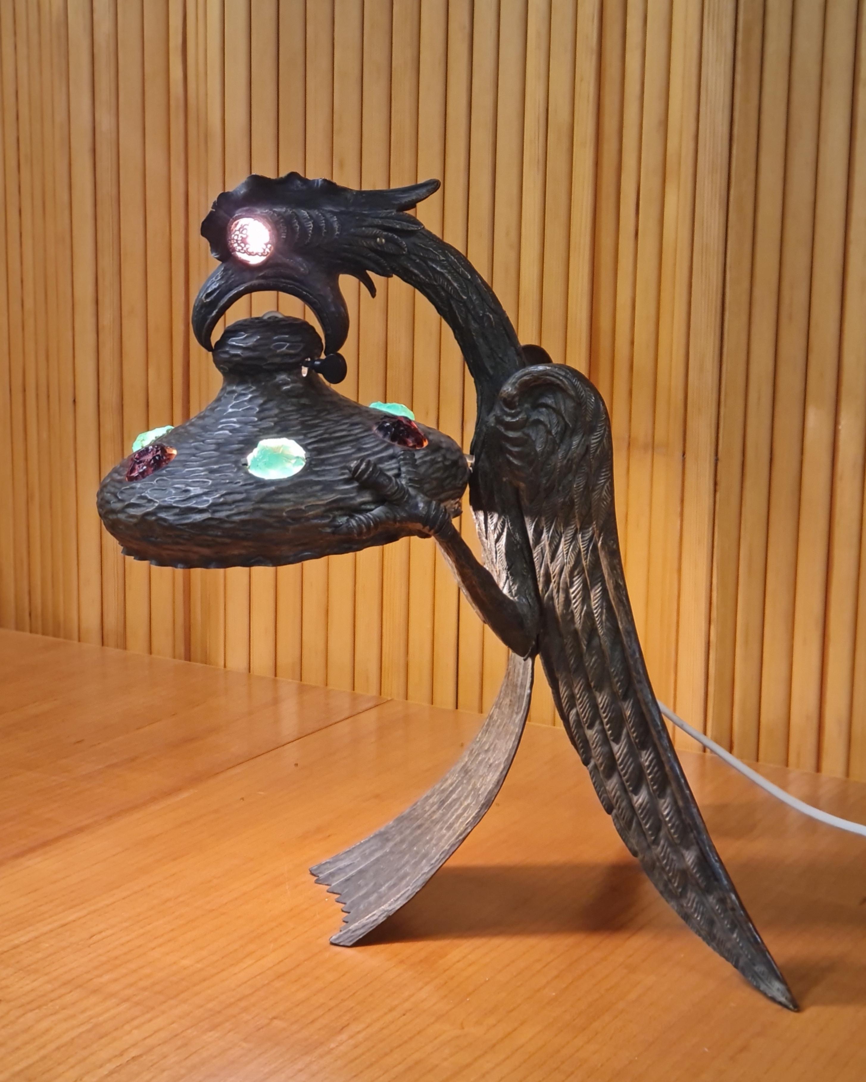 Lampe de table Art Nouveau faite à la main, bronze patiné et pierres de verre, années 1930 en vente 2