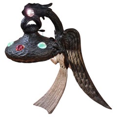 A Handmade Art Nouveau Eagle Table Lamp, Patinated Bronze & Glass Stones, 1930s