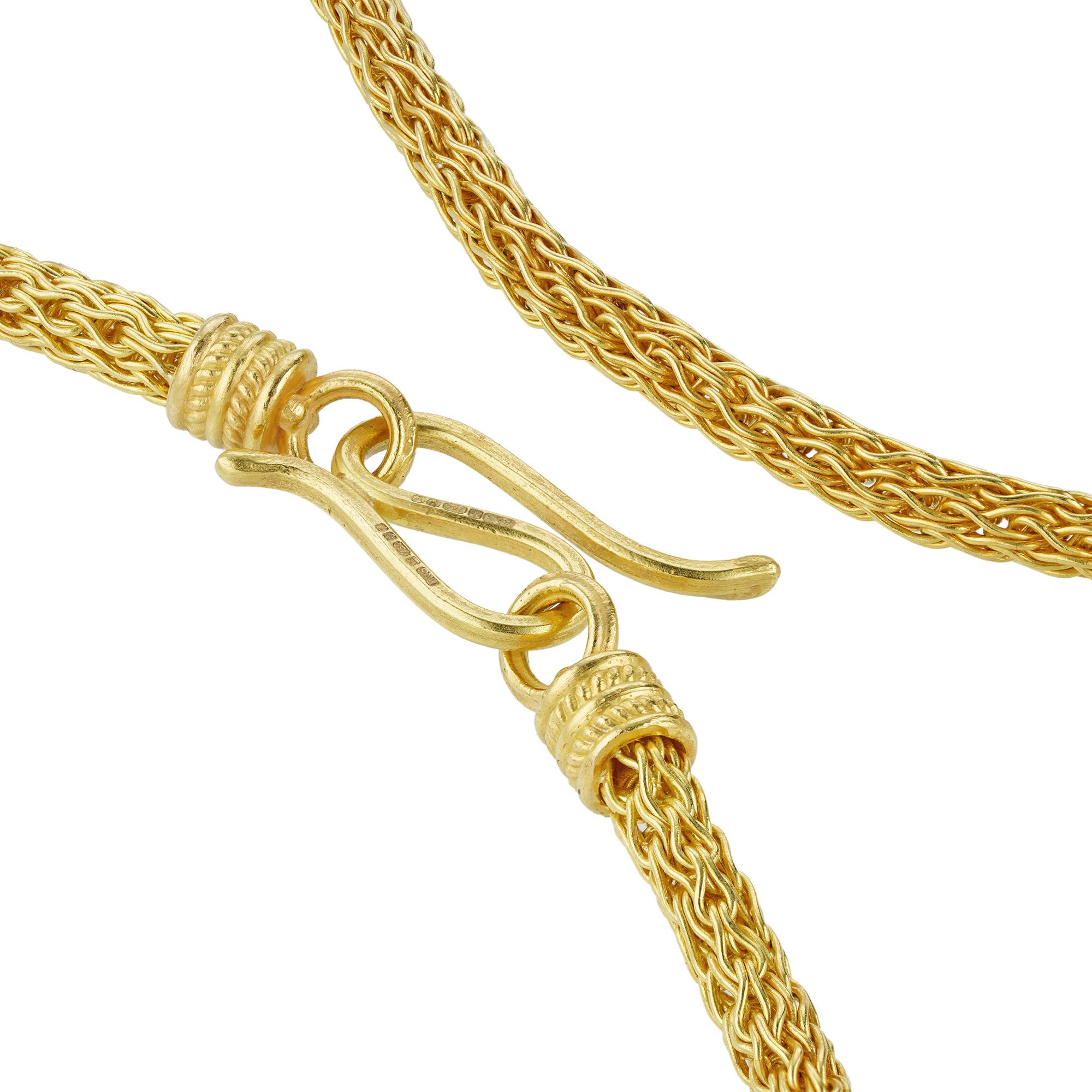 A handmade chain necklace by Akelo, the multiple loop-in-loop wire link chain 0.4cm wide, with an S-shaped clasp, all in yellow gold hallmarked 18ct London, made by Andrea Cagnetti the Roman master goldsmith known as Akelo, measuring approximately