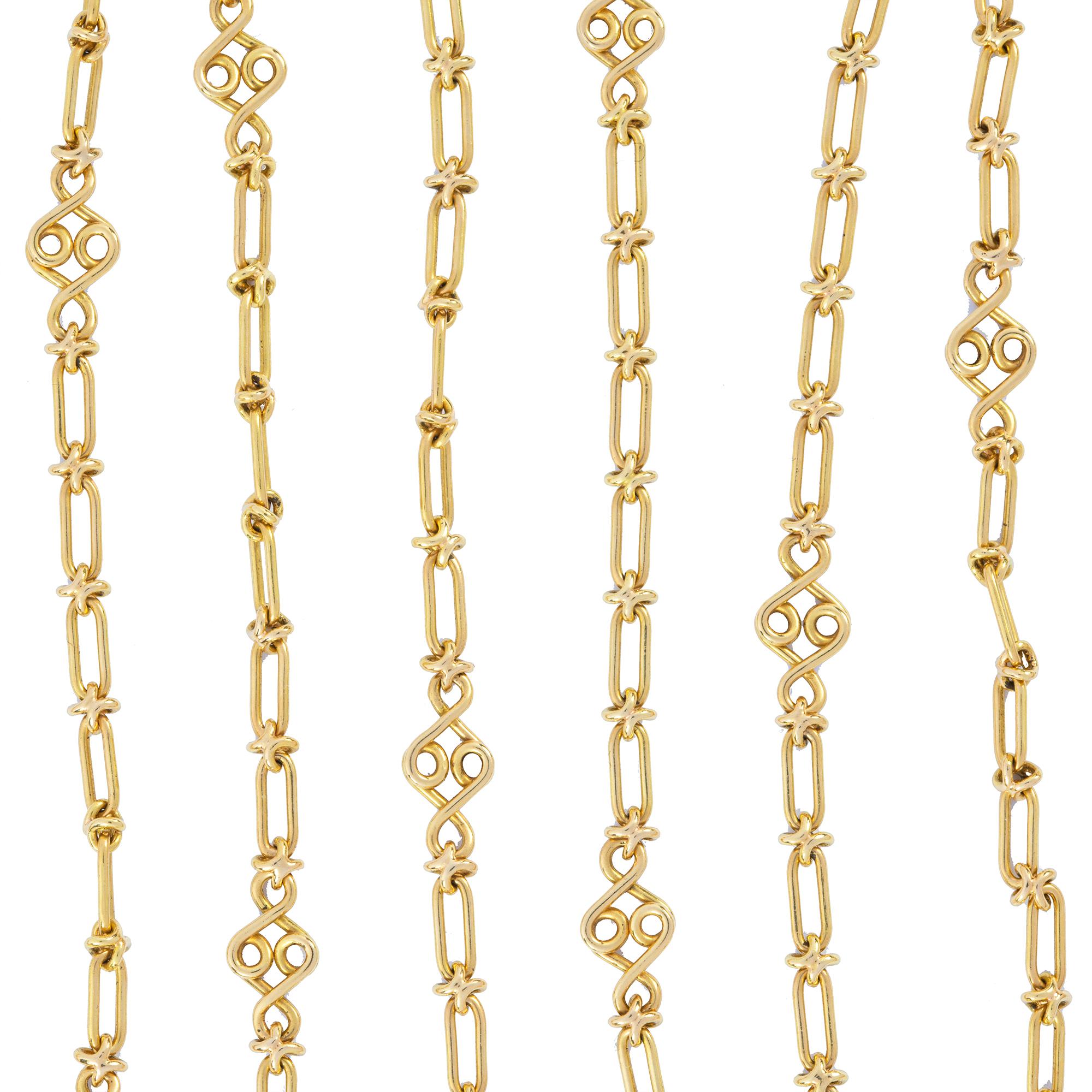 A handmade opera length Melody chain by Lucie Heskett-Brem the Gold Weaver of Lucerne, hallmarked 18ct gold, measuring approximately 157 x 0.6cm, gross weight 39.8 grams.

This substantial and dramatic chain necklace was made by Lucie Heskett-Brem,
