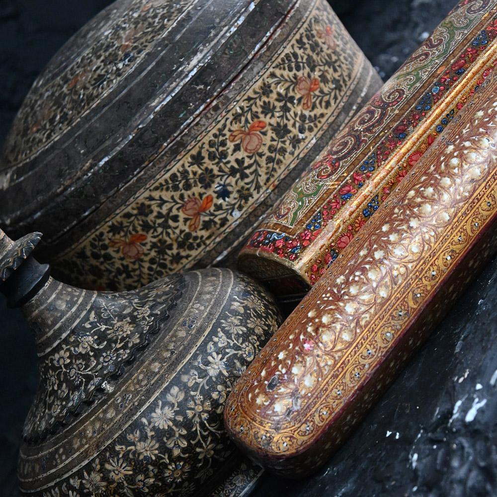 Early 20th Century Handpicked Collection of Late 19th Century Papier Mache Kashmiri Objects For Sale