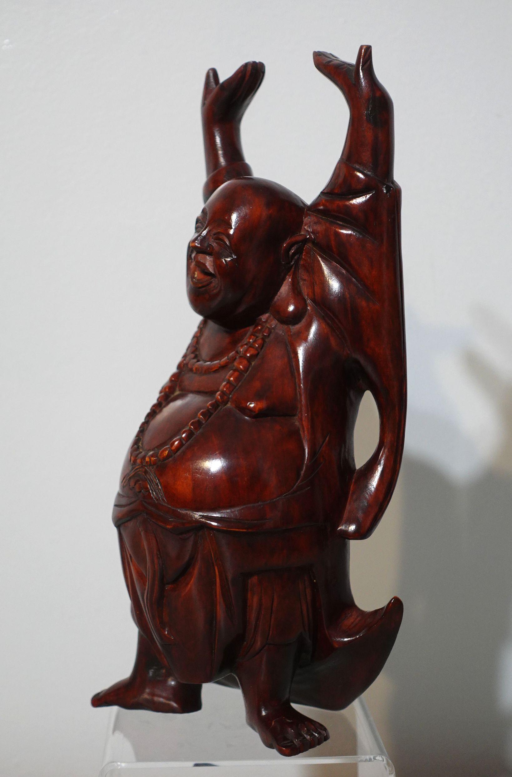 Hands Up Carved Wood Happy Buddha  For Sale 1