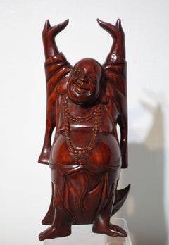 Hands Up Carved Wood Happy Buddha