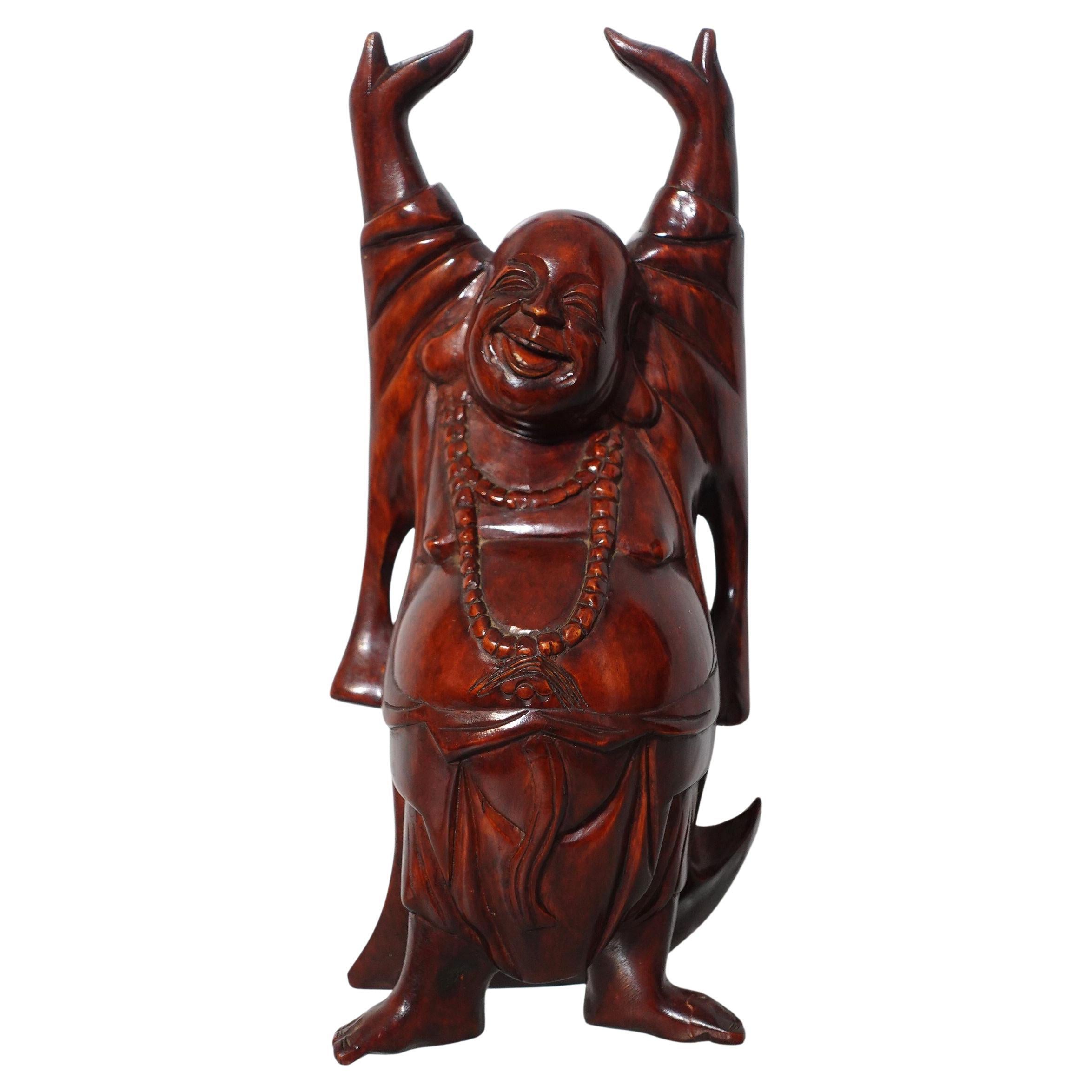 Hands Up Carved Wood Happy Buddha  For Sale