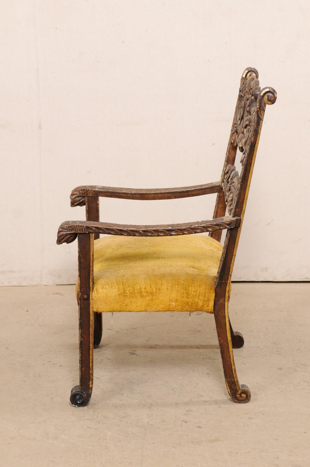 Handsome 18th C Italian Baroque Arm Chair with Intricately Carved Details For Sale 2