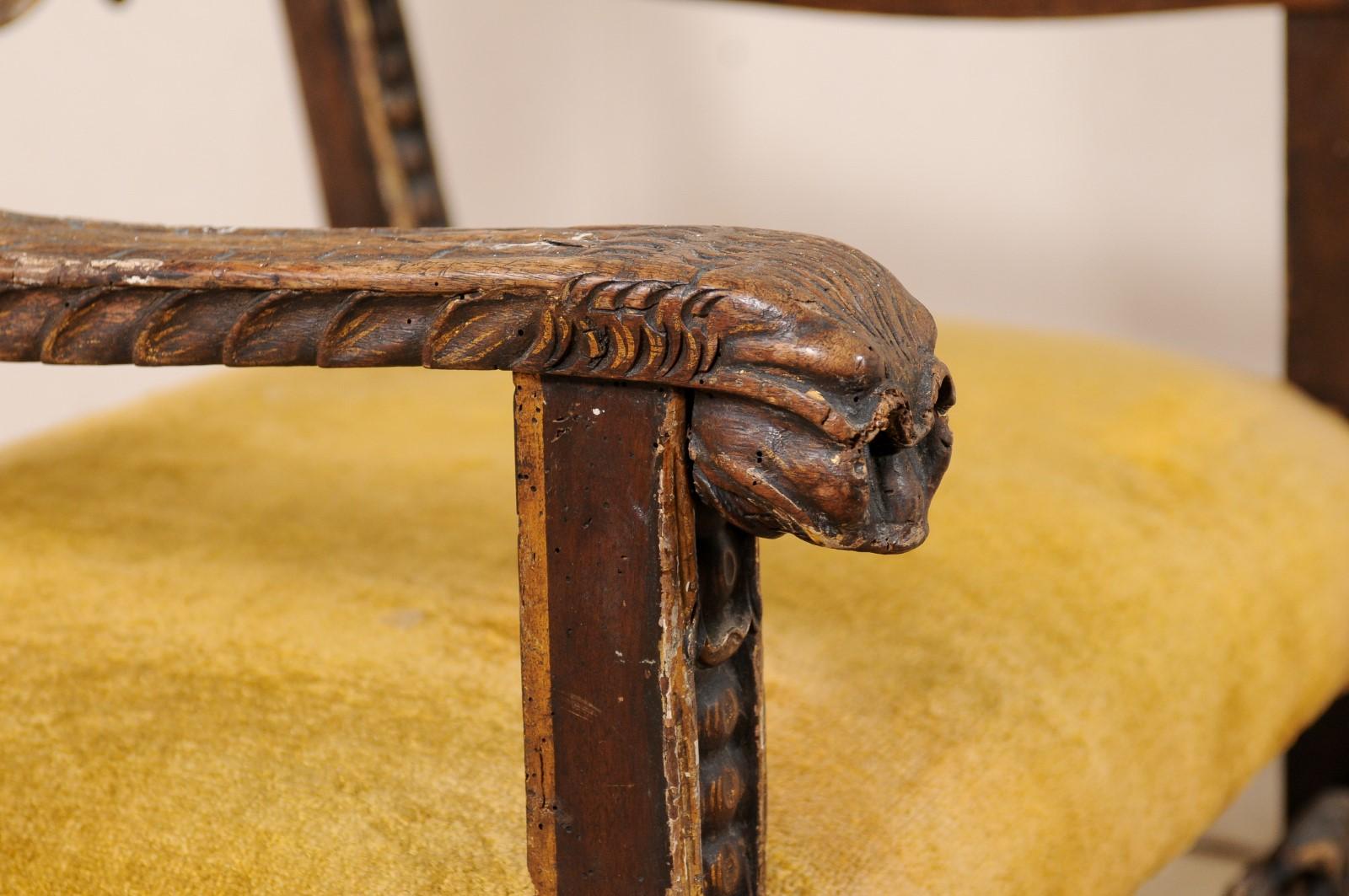Handsome 18th C Italian Baroque Arm Chair with Intricately Carved Details In Good Condition For Sale In Atlanta, GA
