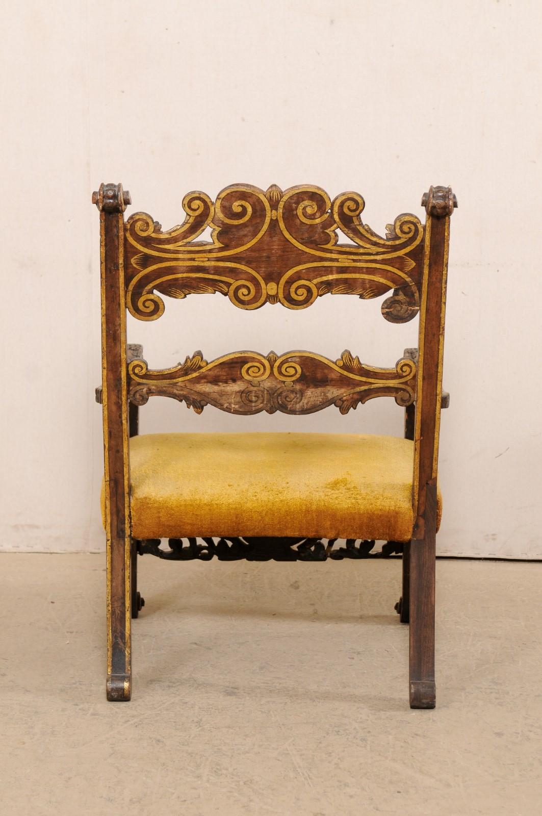 Wood Handsome 18th C Italian Baroque Arm Chair with Intricately Carved Details For Sale