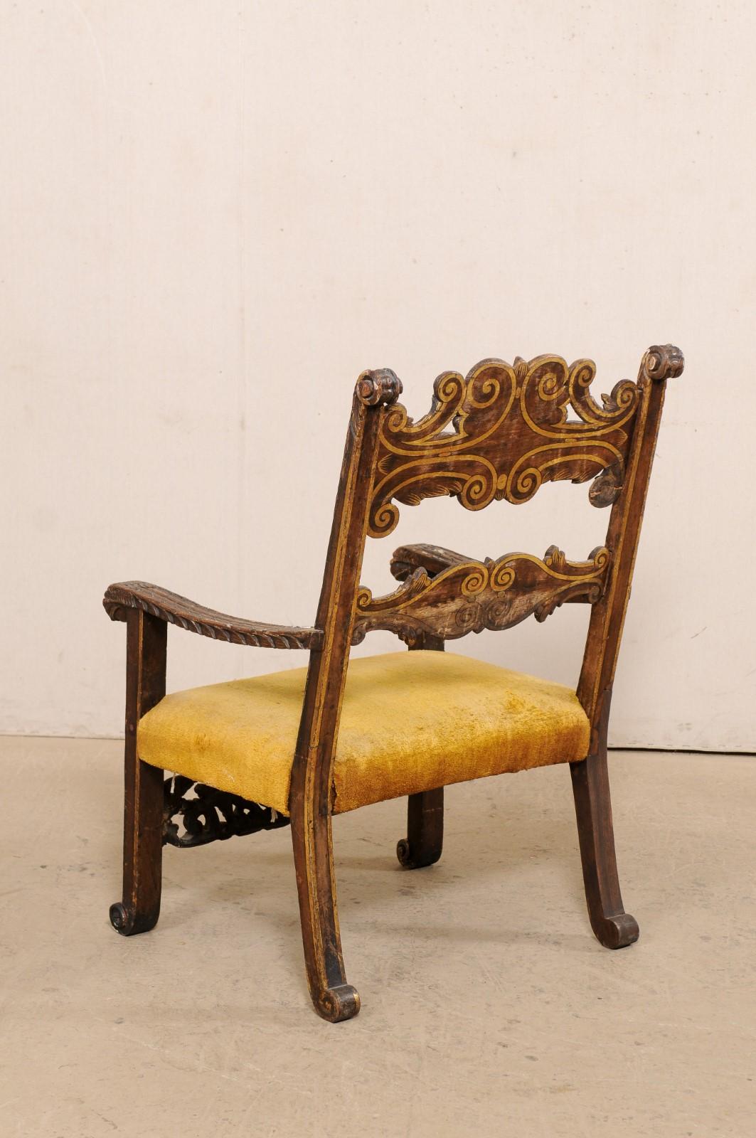 Handsome 18th C Italian Baroque Arm Chair with Intricately Carved Details For Sale 1