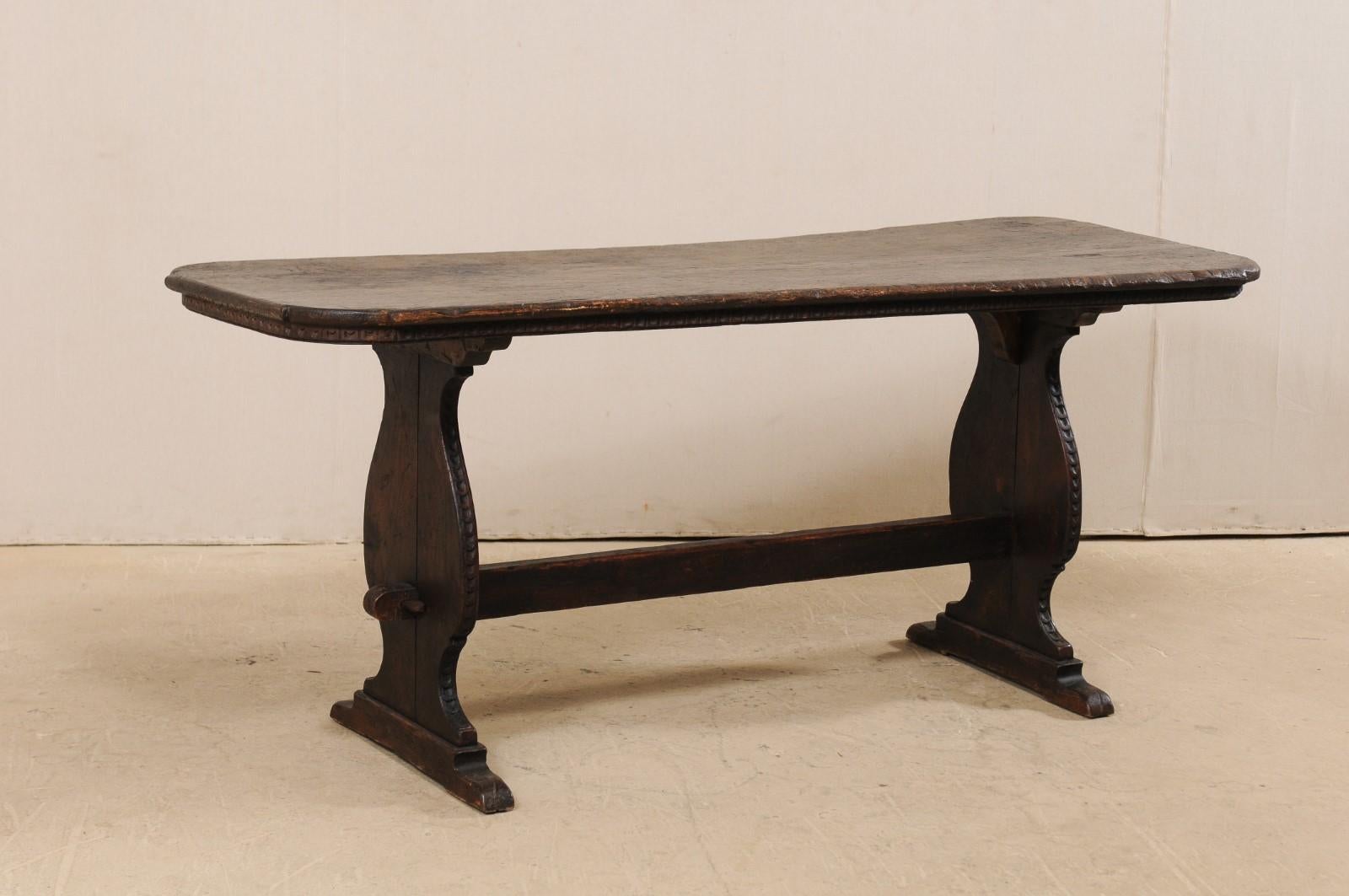 Hand-Carved Handsome Antique Italian Console Desk with Nicely Carved Trestle Style Legs