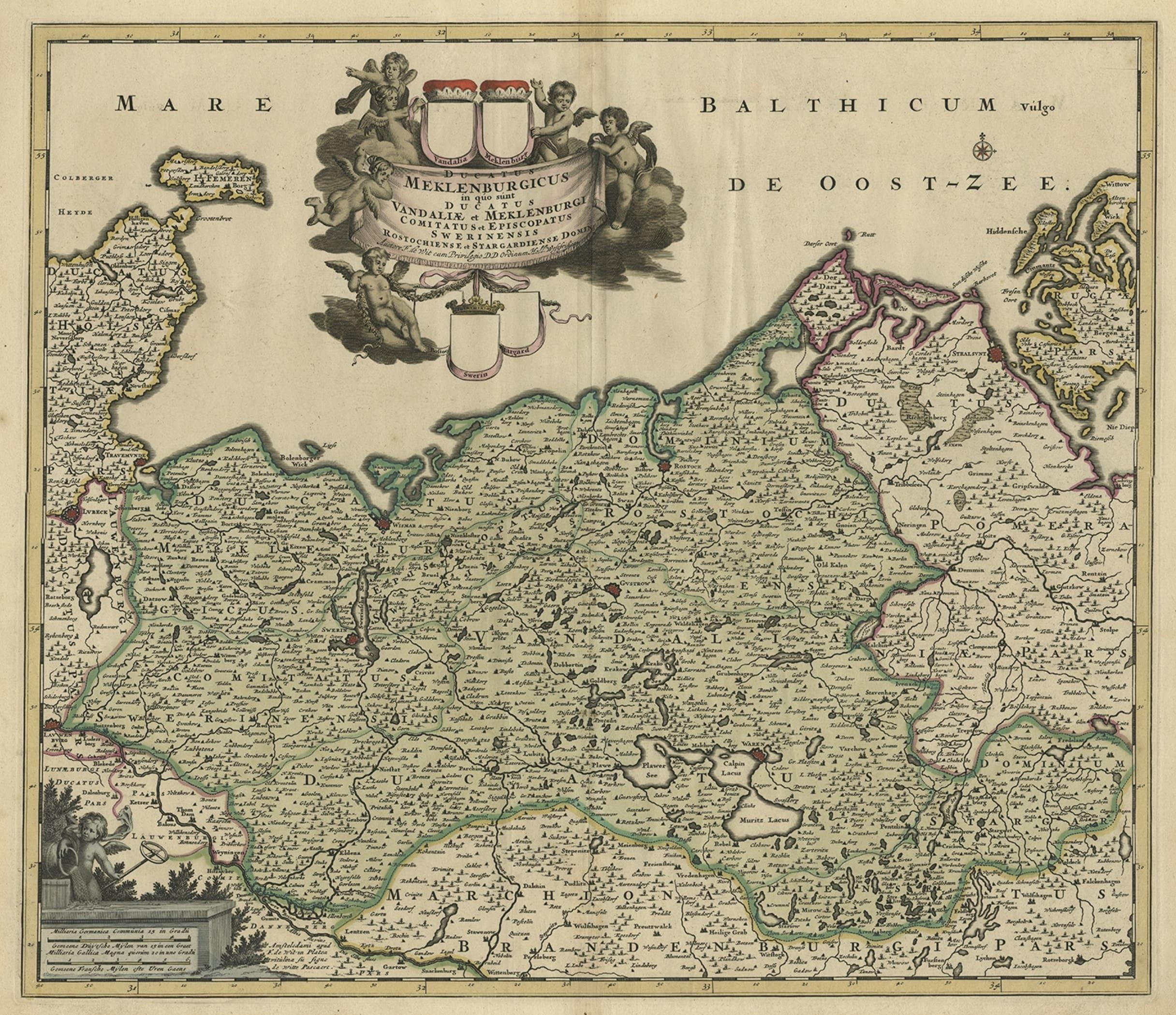 Schöne und detaillierte Karte der Herzogin von Mecklenburg und Pomerania, Deutschland, 1680 im Zustand „Gut“ im Angebot in Langweer, NL