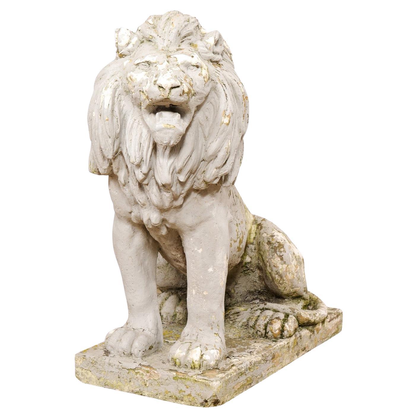 A Handsome French Lion Garden Statue w/Great Patina, 38" Tall