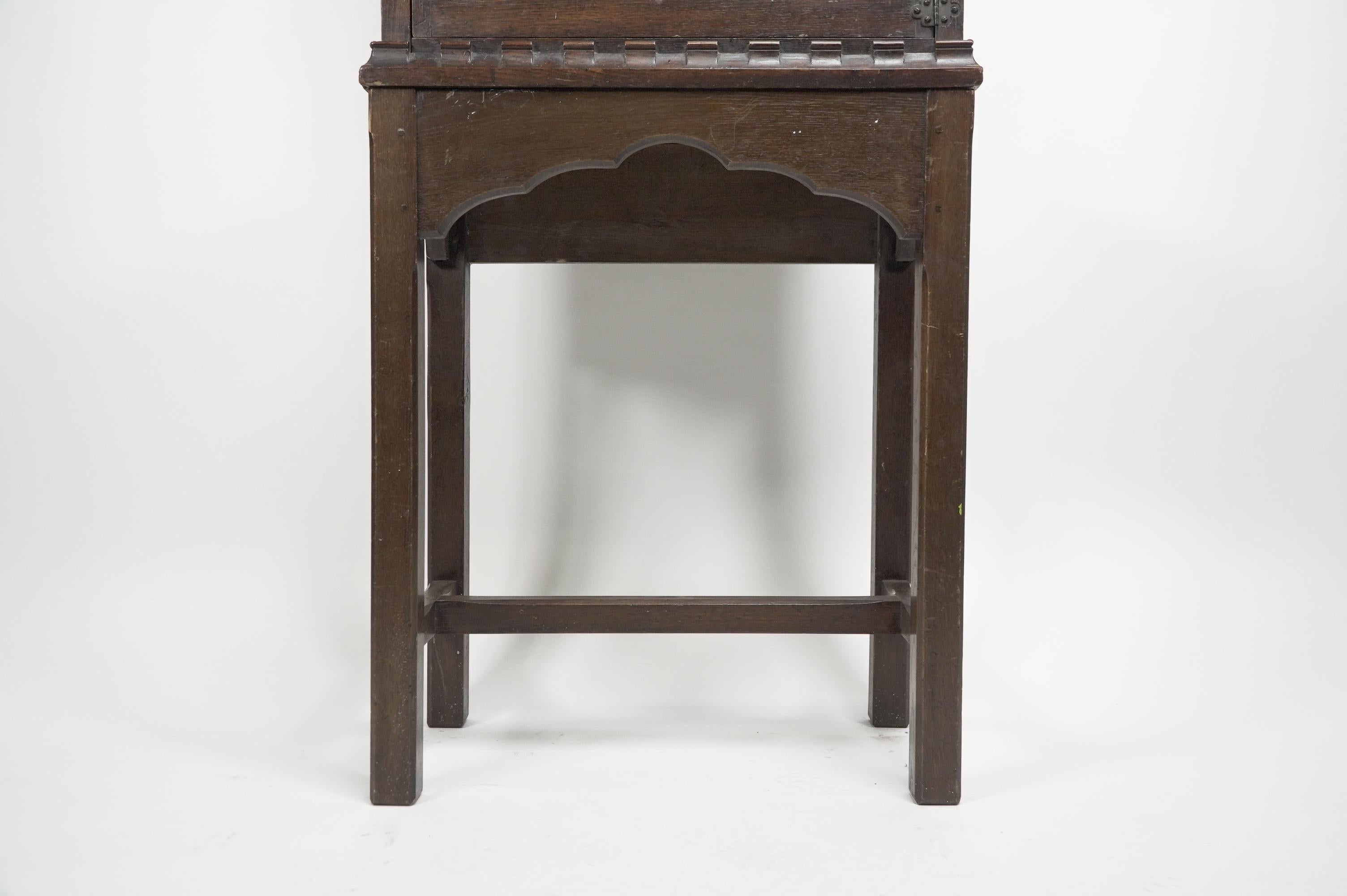 Gothic Revival oak display cabinet with arch & quatrefoil decoration on a stand. For Sale 5