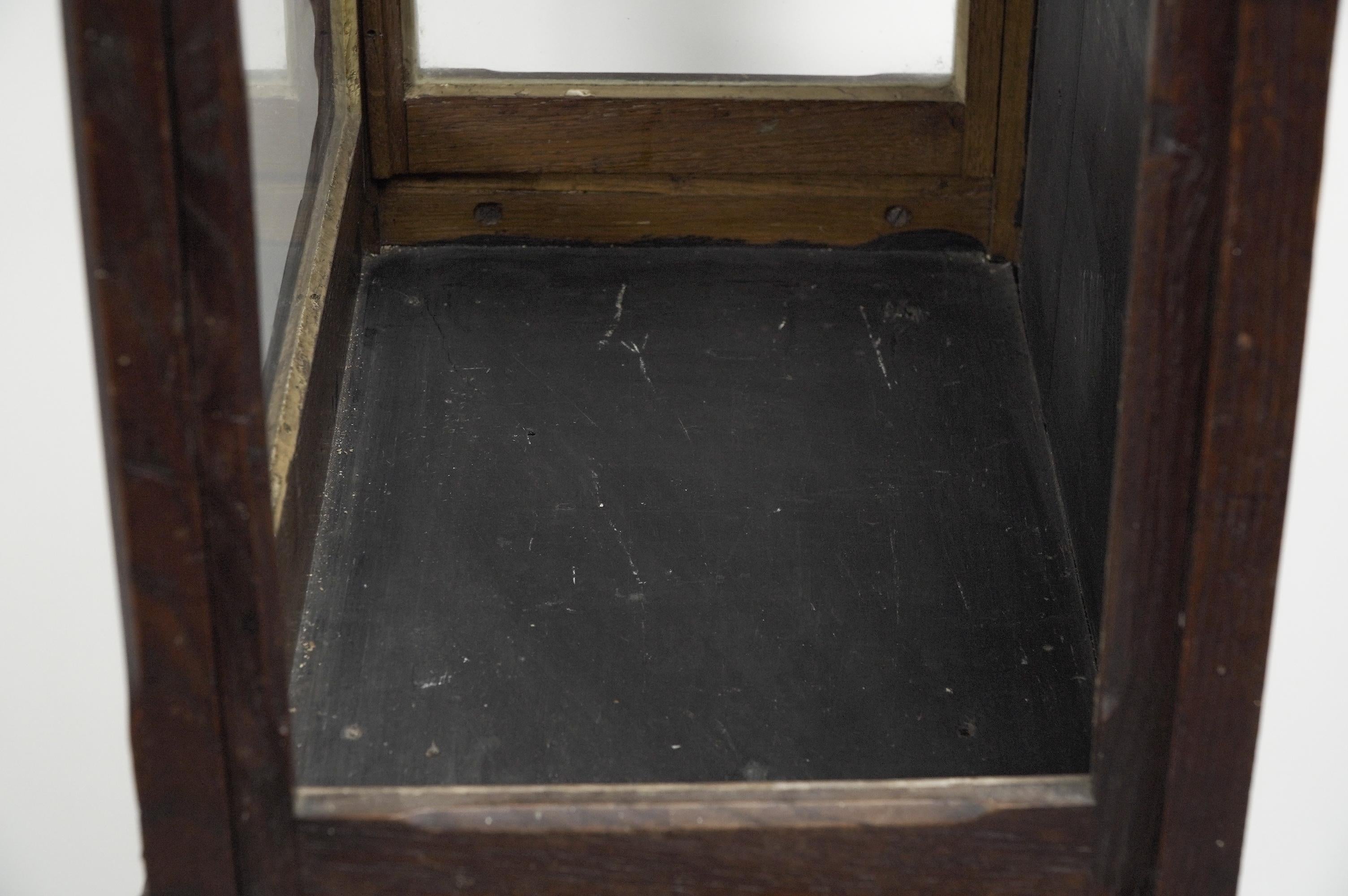 Gothic Revival oak display cabinet with arch & quatrefoil decoration on a stand. For Sale 8