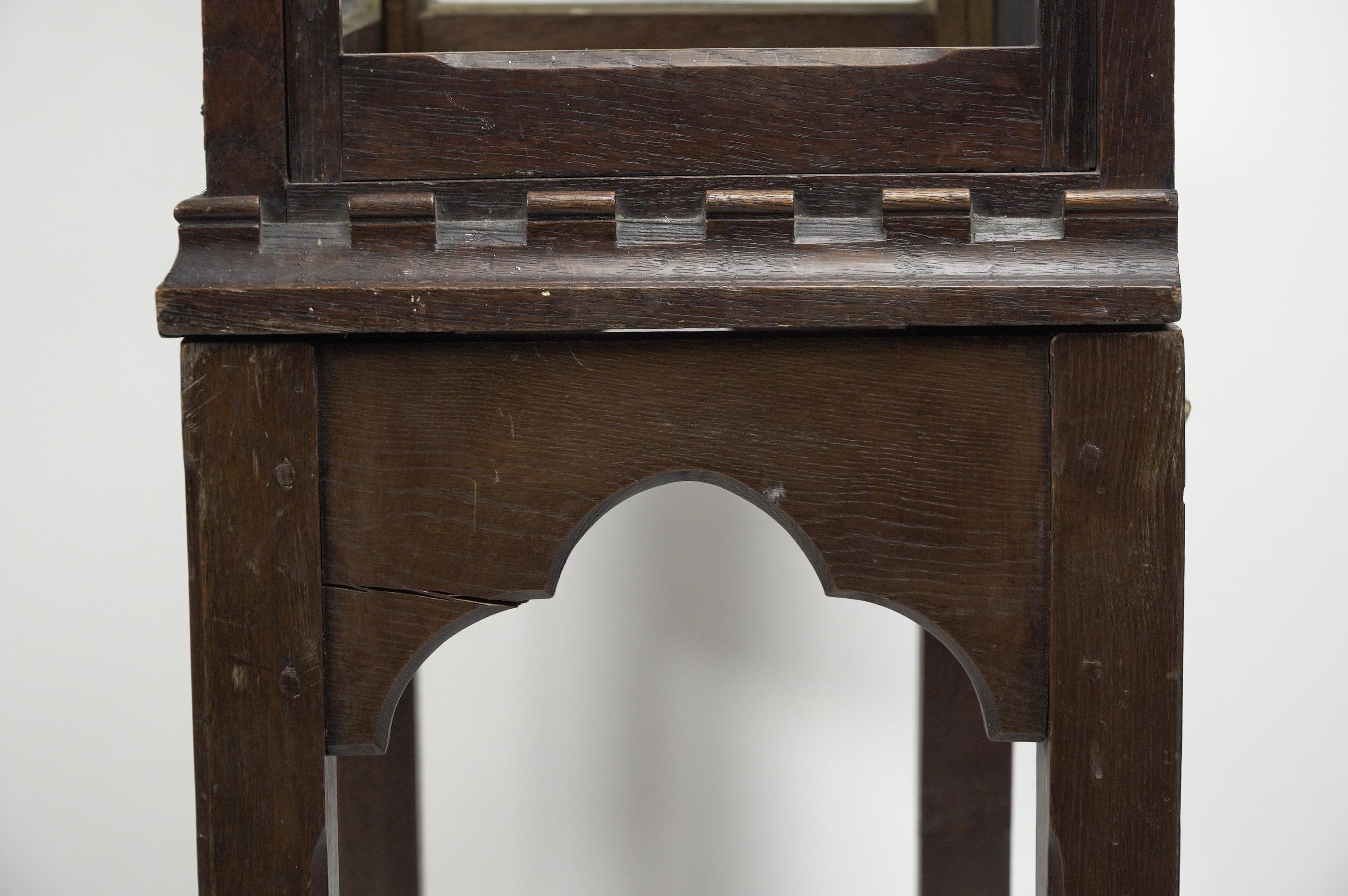 Gothic Revival oak display cabinet with arch & quatrefoil decoration on a stand. For Sale 9