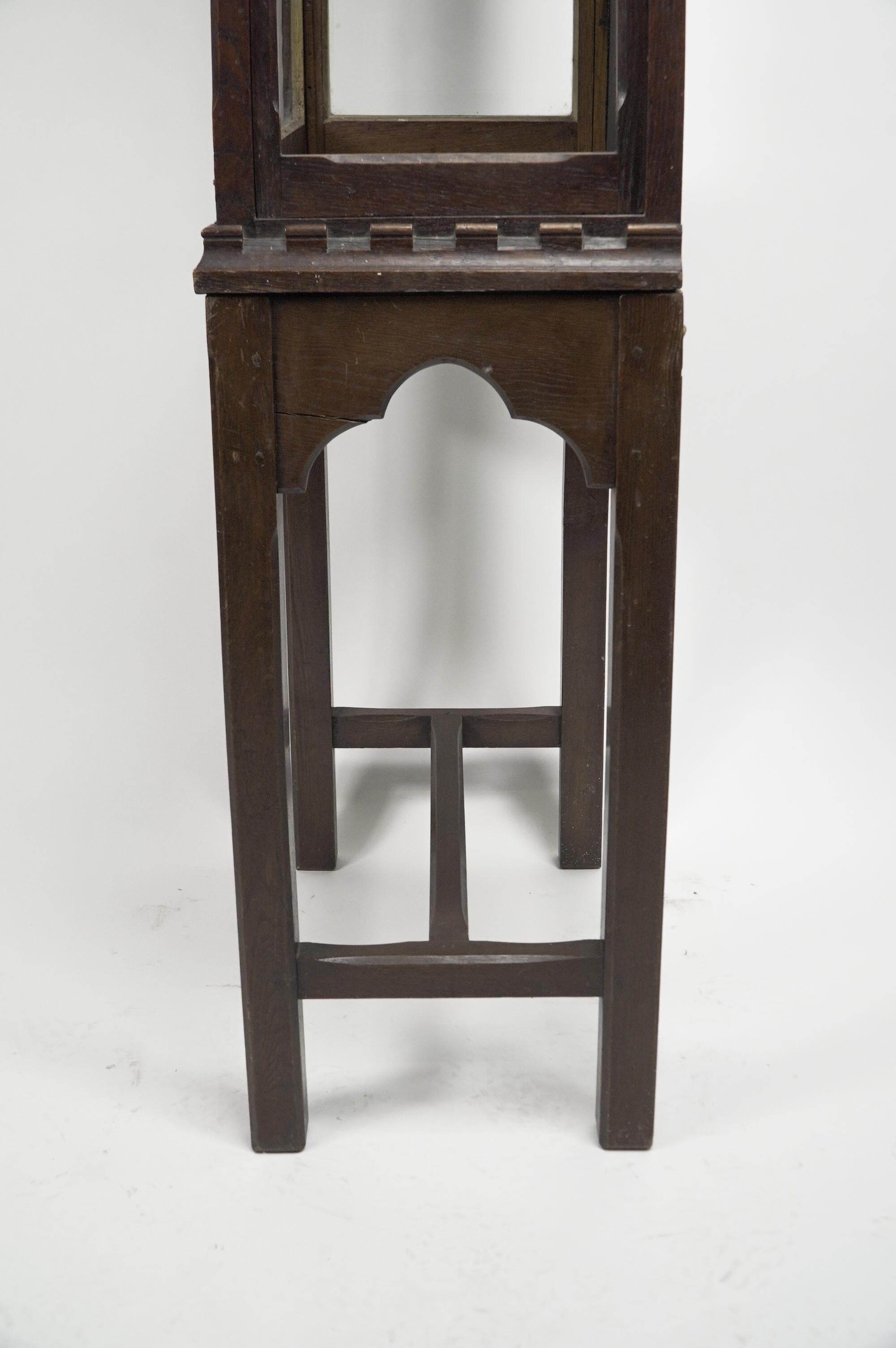 Gothic Revival oak display cabinet with arch & quatrefoil decoration on a stand. For Sale 10