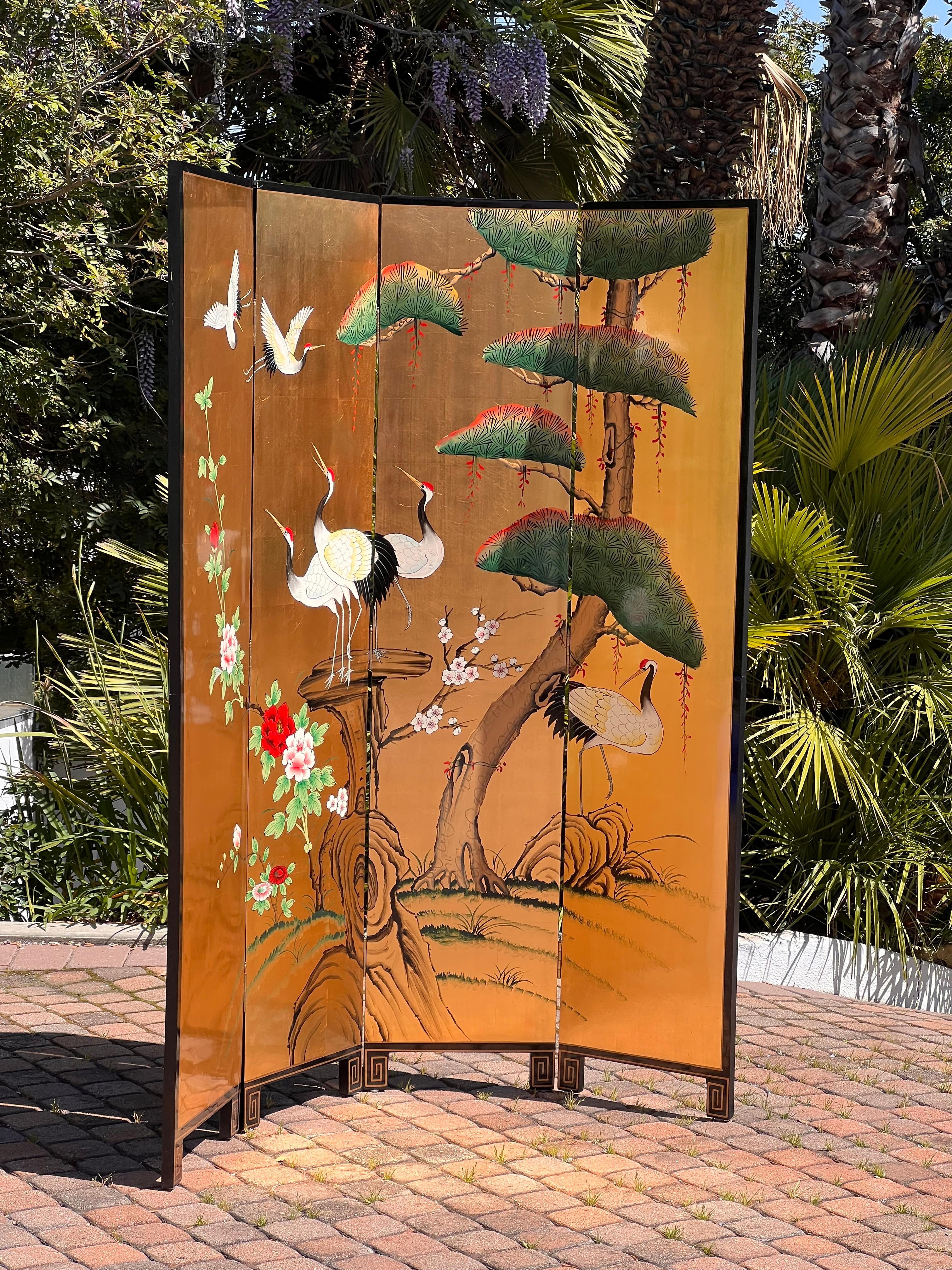 A handsome hand-painted oriental screen / room divider, 20th century In Good Condition For Sale In View Park, CA