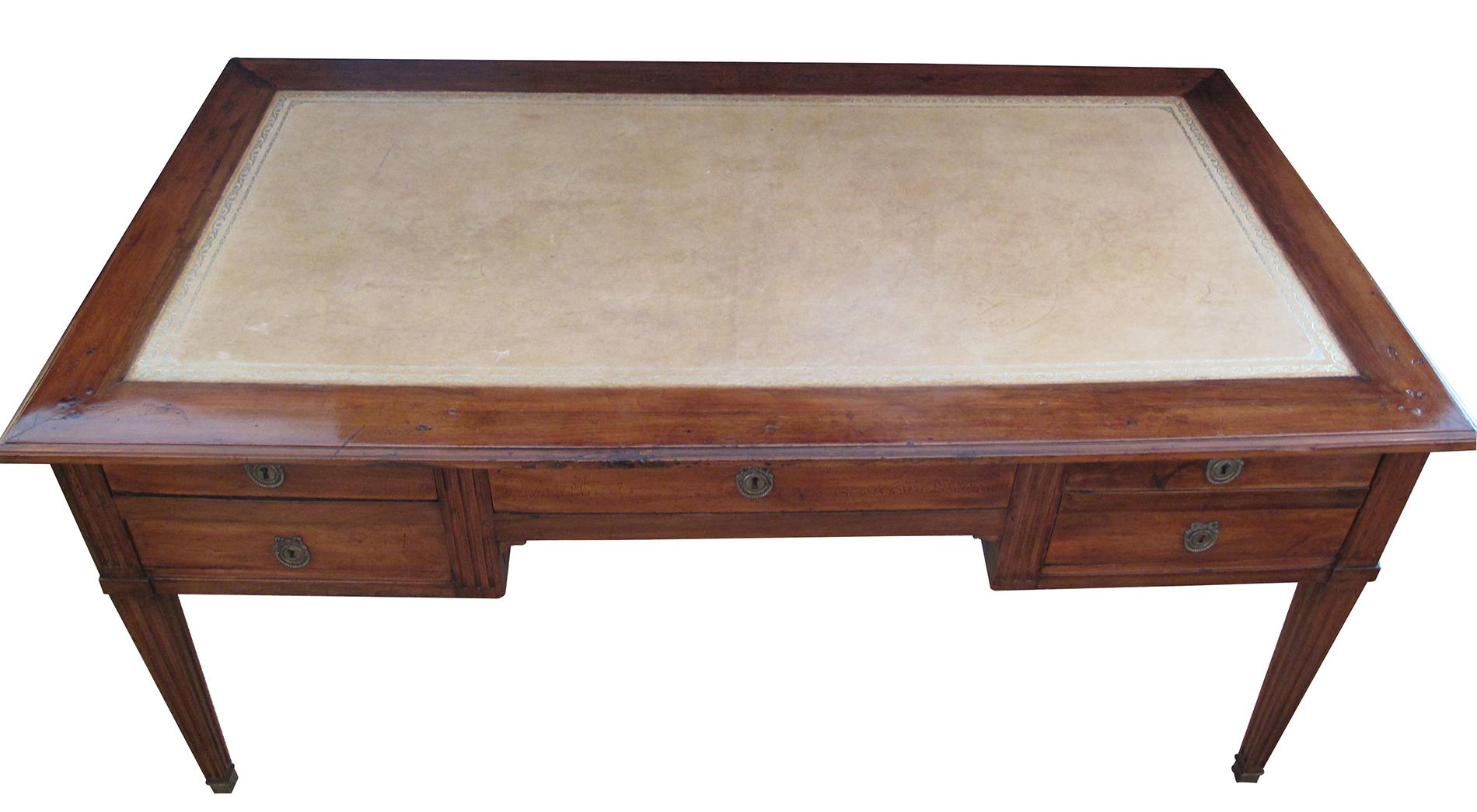 Late 18th Century Handsome Italian Neoclassical Walnut 5-Drawer Writing Desk with Leather Top