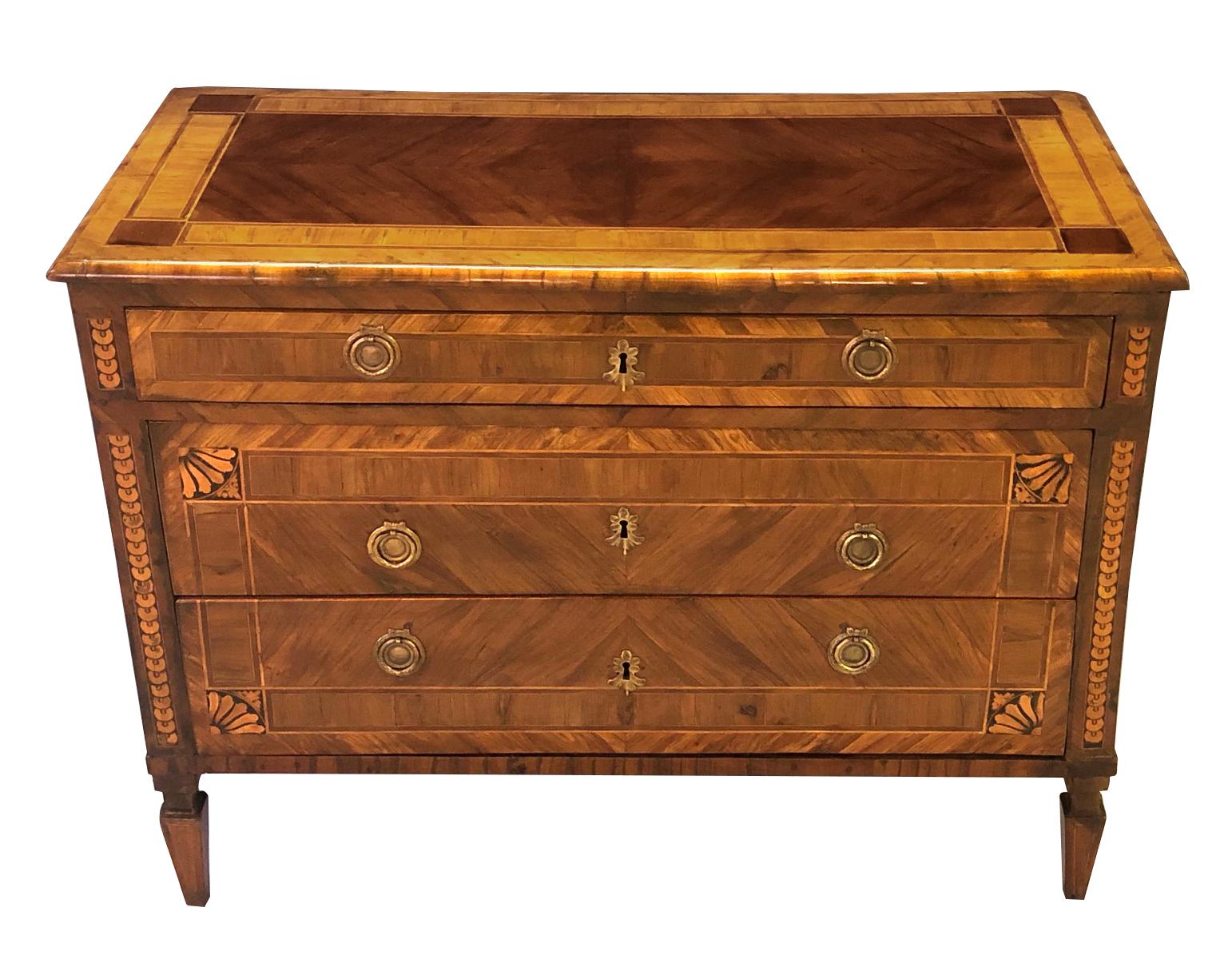 Walnut Handsome Northern Italian Neoclassical Inlaid 3-Drawer Chest