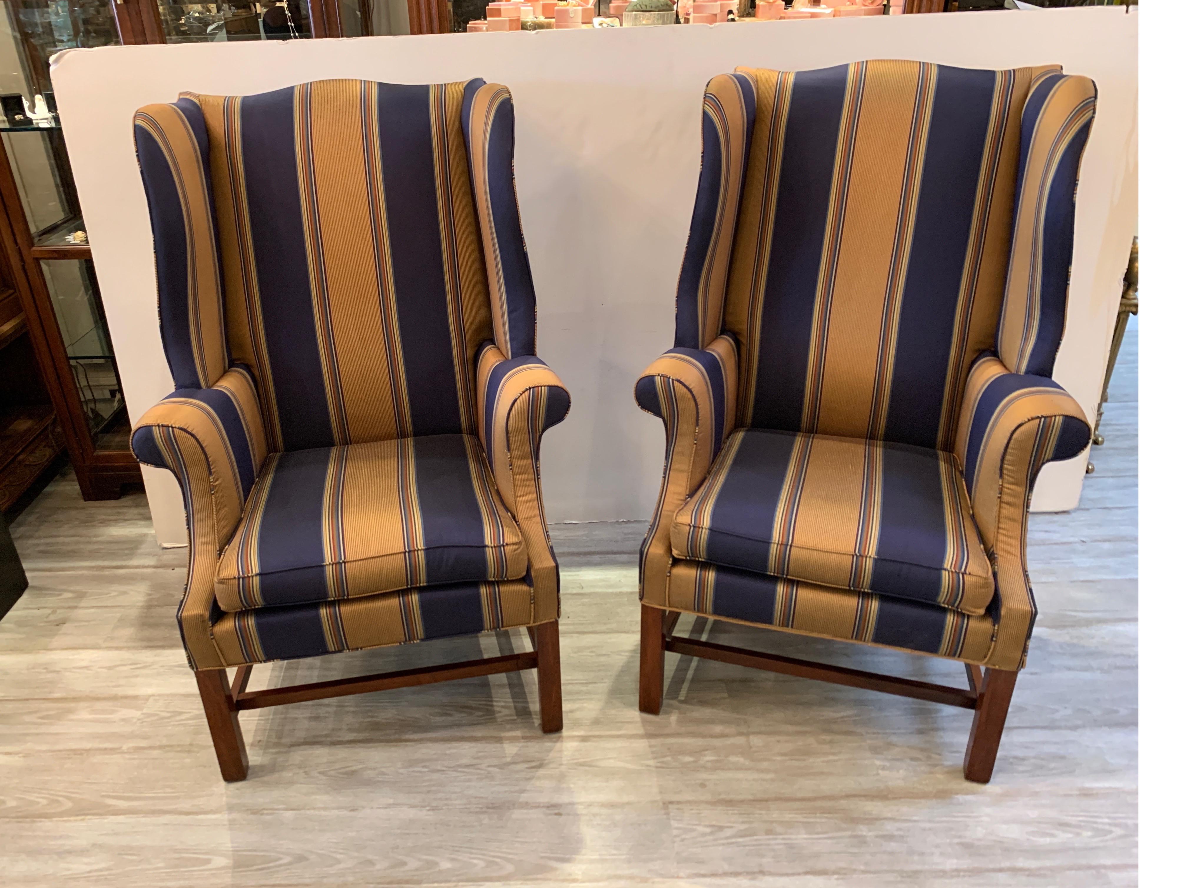 Handsome Pair of Chinese Chippendale Style Wing Chairs 6
