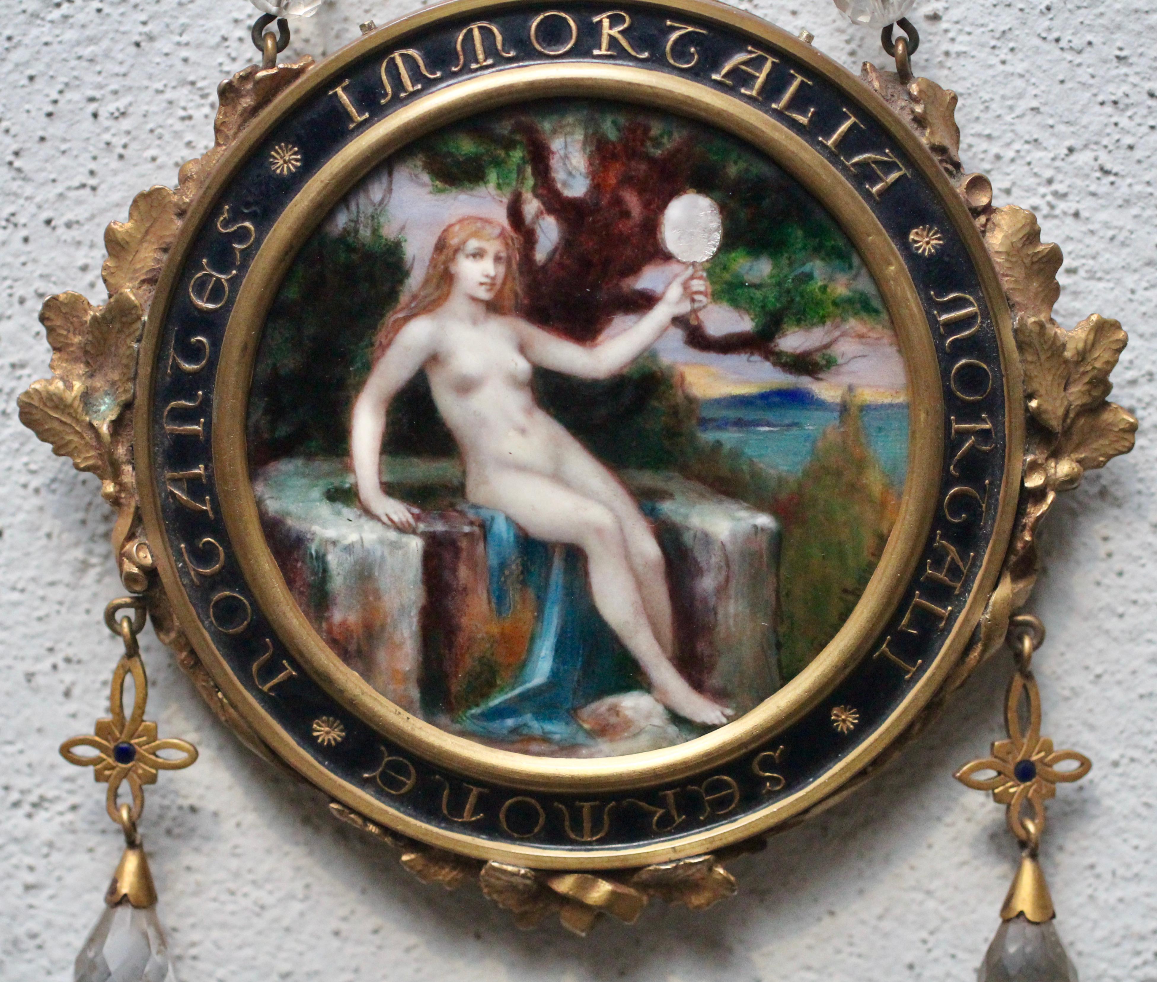 Aesthetic Movement Hanging Mirror and Painted Enamel Plaque by Paul Victor Grandhomme, circa 1890