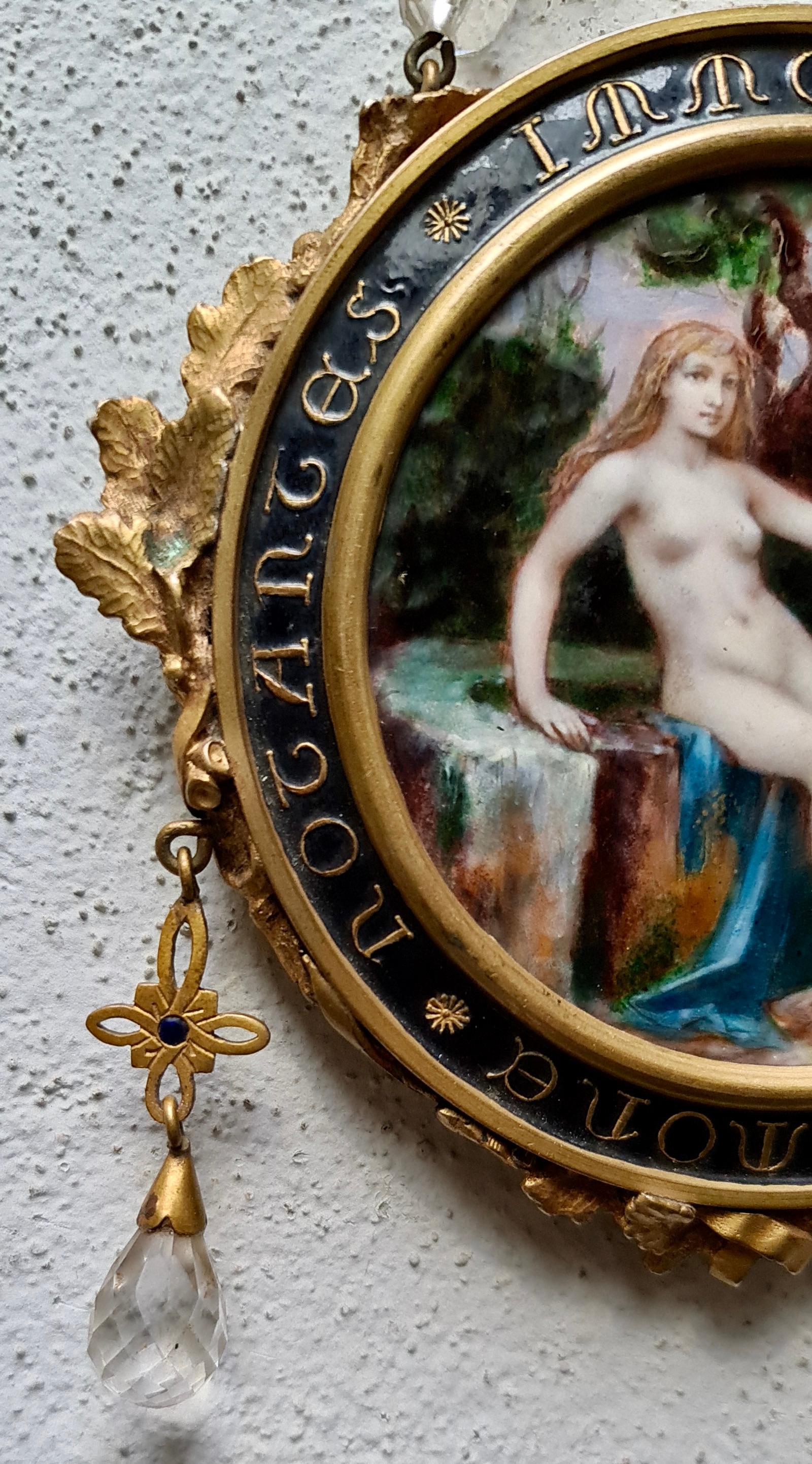 Hanging Mirror and Painted Enamel Plaque by Paul Victor Grandhomme, circa 1890 In Good Condition In Saint-Ouen, FR