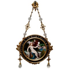 Antique Hanging Mirror and Painted Enamel Plaque by Paul Victor Grandhomme, circa 1890