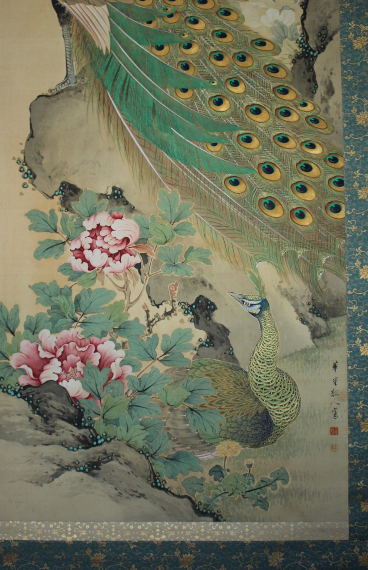 Japanese Antiques A hanging scroll of peacock painted by Kado for Tokonoma In Good Condition For Sale In Niiza, JP