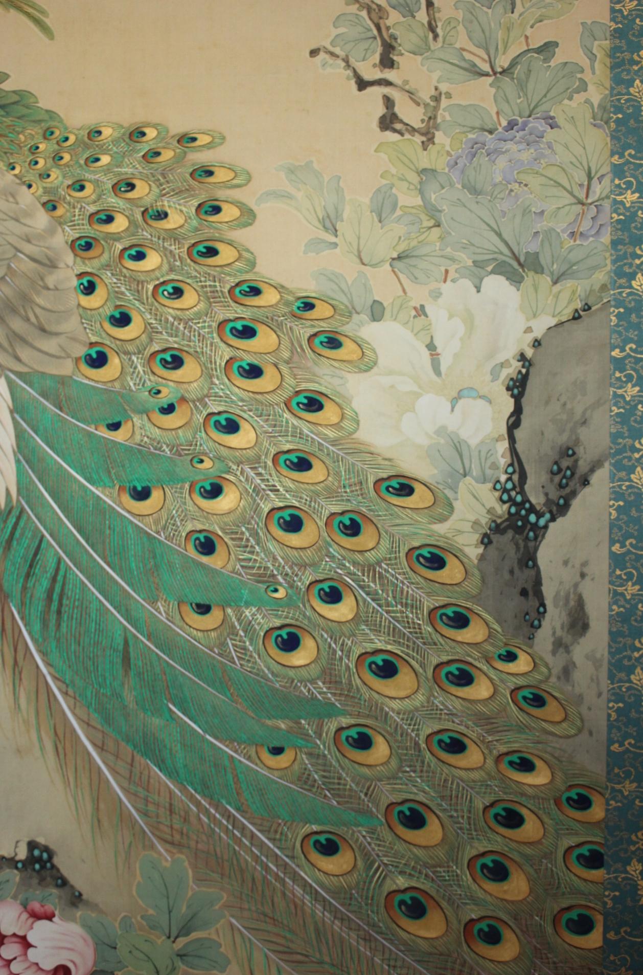 Silk Japanese Antiques A hanging scroll of peacock painted by Kado for Tokonoma For Sale