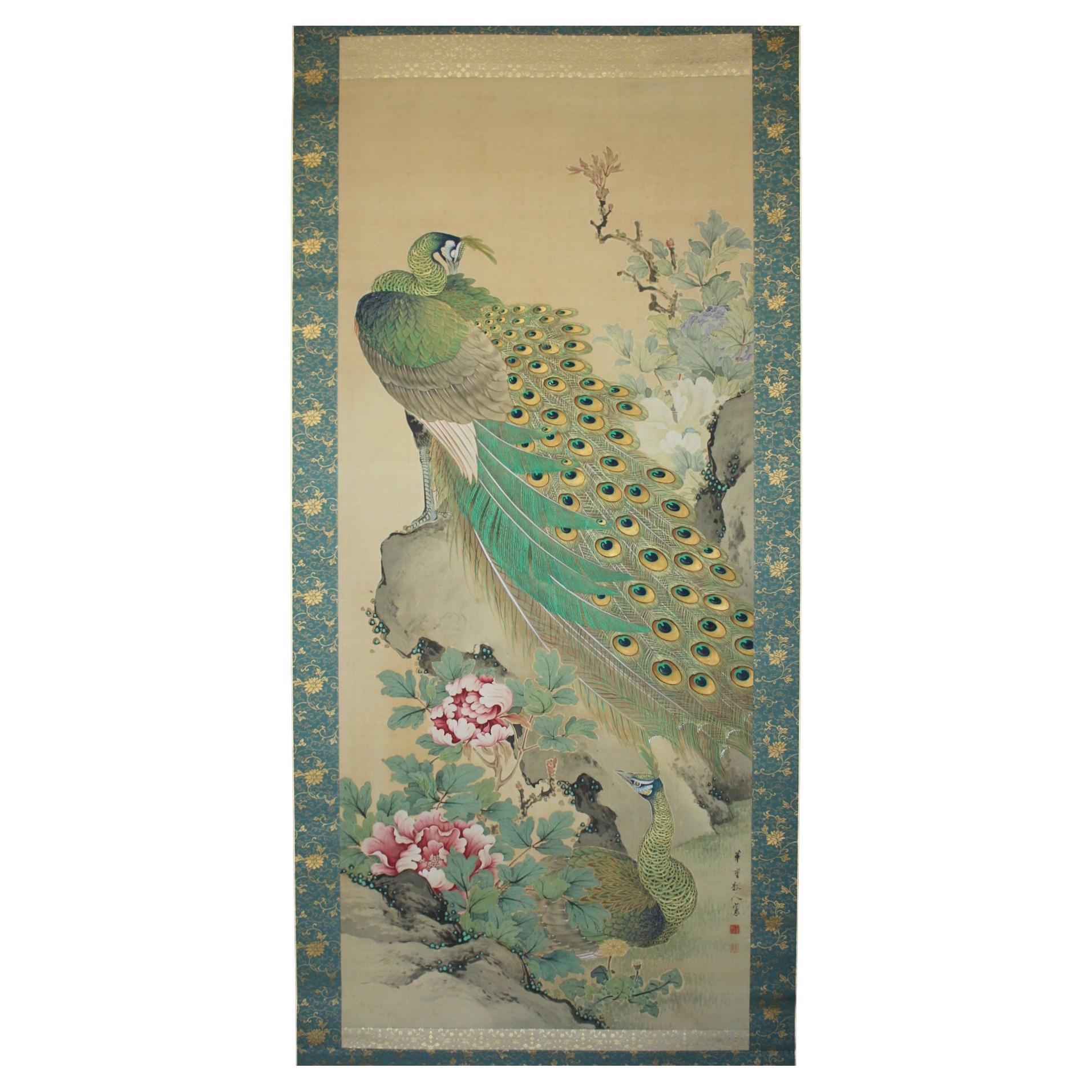 Japanese Antiques A hanging scroll of peacock painted by Kado for Tokonoma