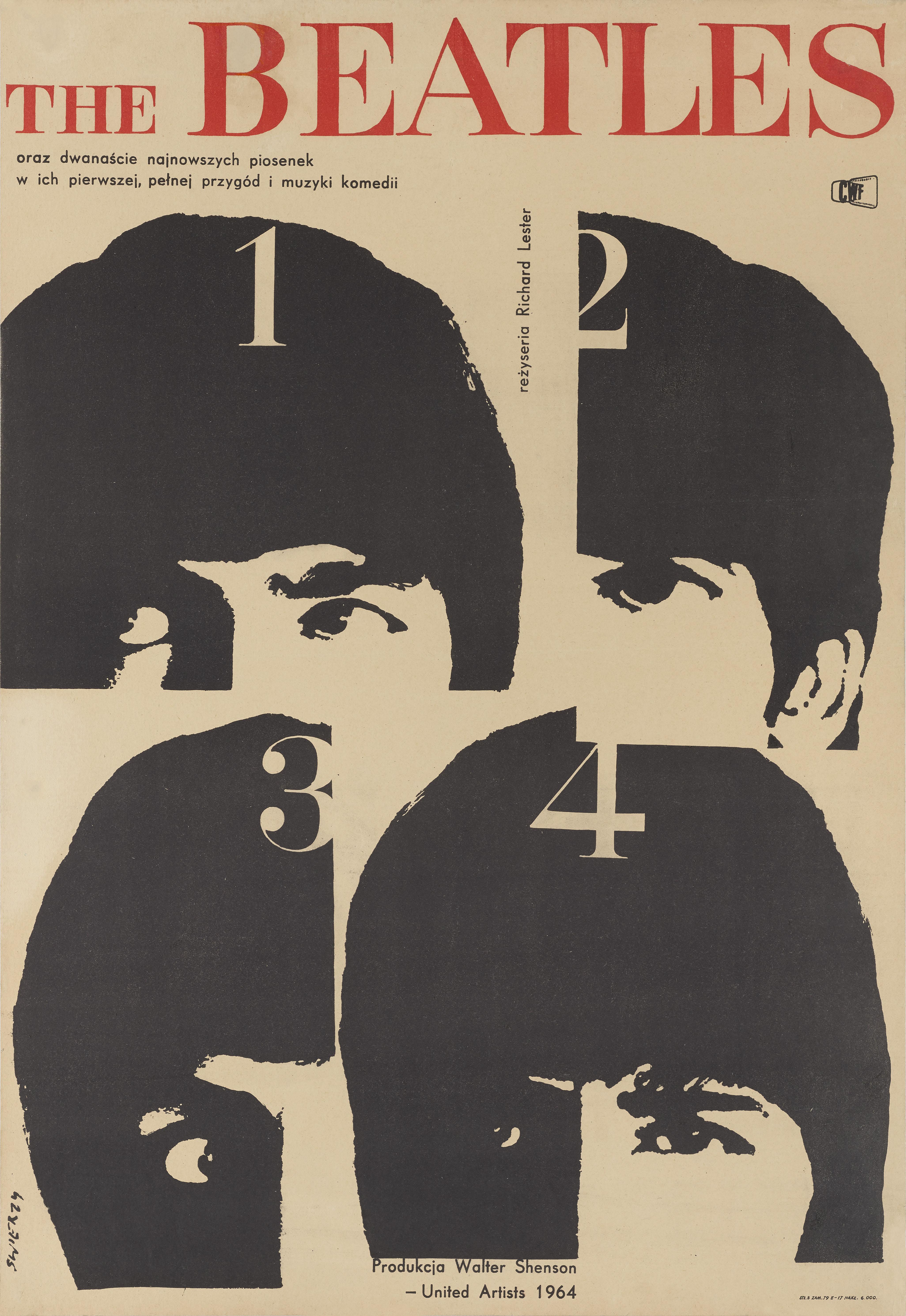 Cartel de cine original en polaco para la película musical y cómica de 1964 de The Beatles A Hard Day's Night. La película fue dirigida por Richard Lester. La película se estrenó en Polonia un año después, en 1965. La obra es de Waldemar Swierzy