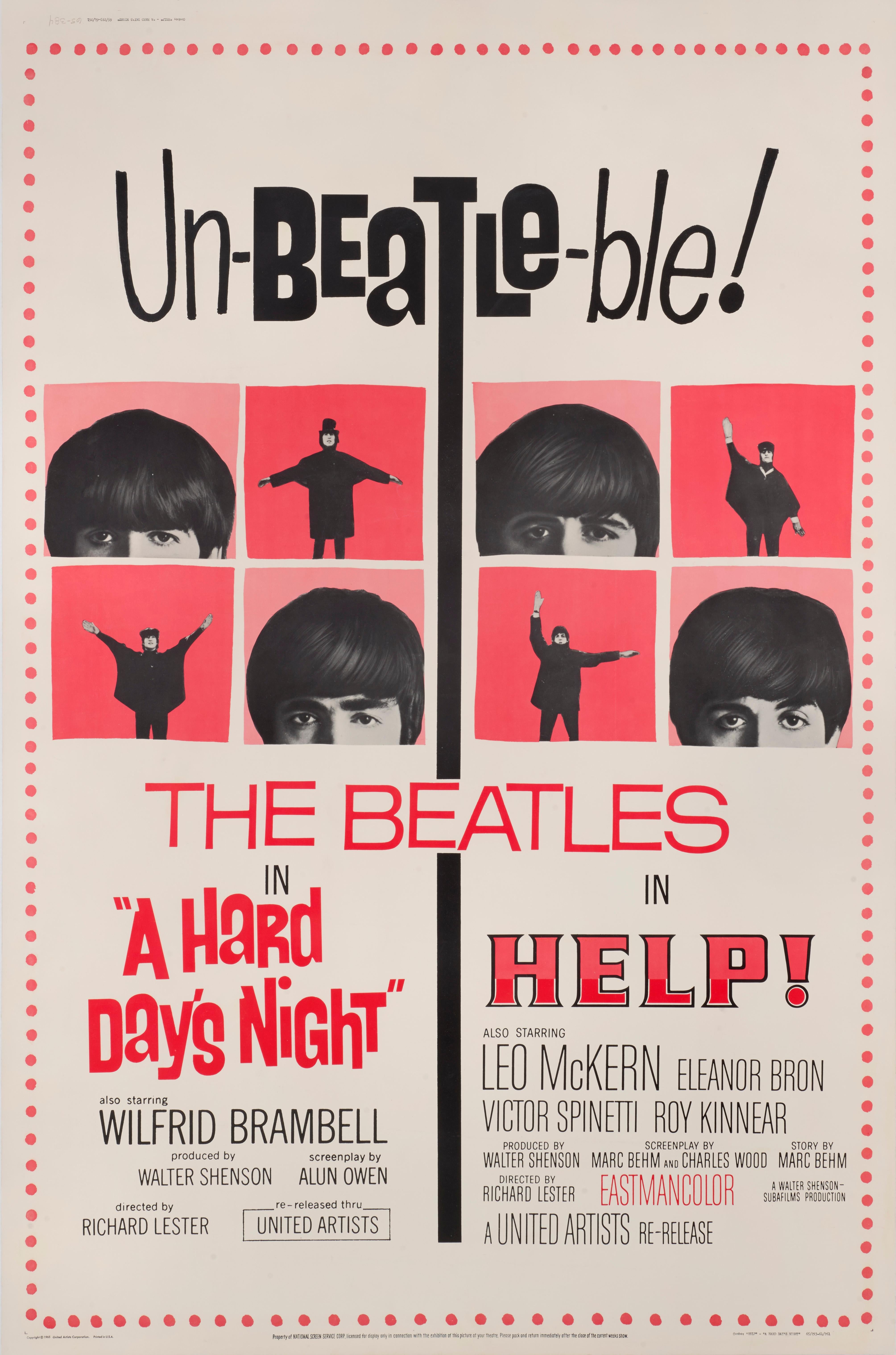 Original American film poster. This is a double bill poster for A Hard Day's Night / Help! This poster was designed for a short screening of a double bill of the first two Beatles films, shown in 1965.
As this double bill had a limited release, not
