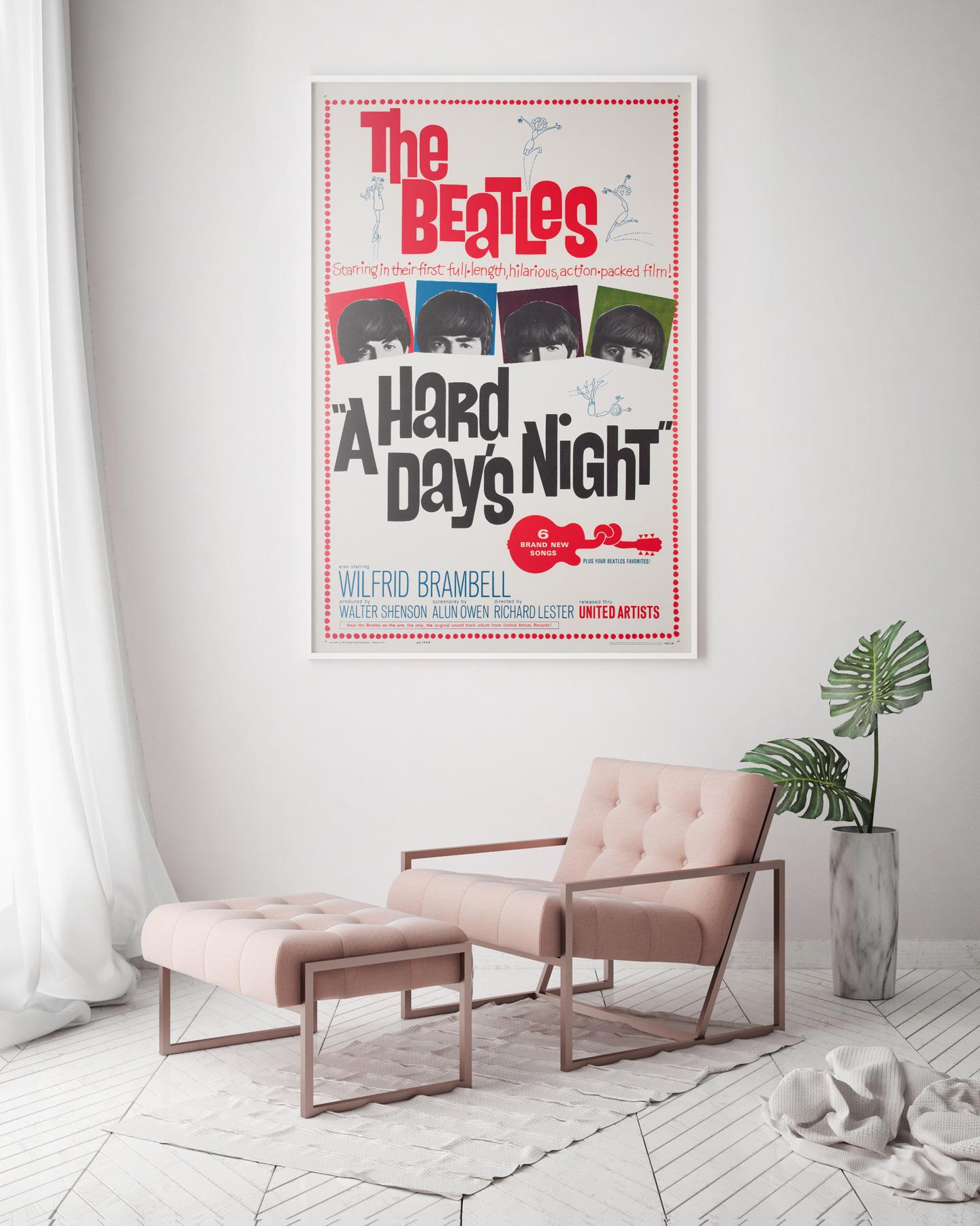 Maravillosa Hoja 1 del primer año de lanzamiento en EE.UU. del clásico de The Beatles A Hard Day's Night.  Nos encanta el diseño de Joseph Caroff para el primer largometraje de los Beatles. ¡Un póster fabuloso para los Cuatro Fabulosos!

Este póster