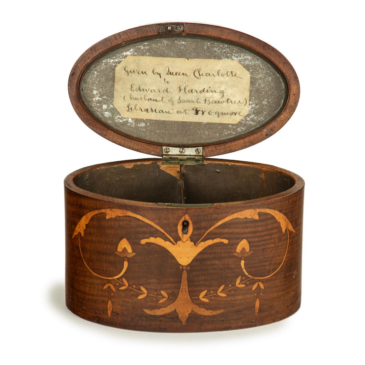 English A harewood marquetry tea caddy with Royal Provenance For Sale