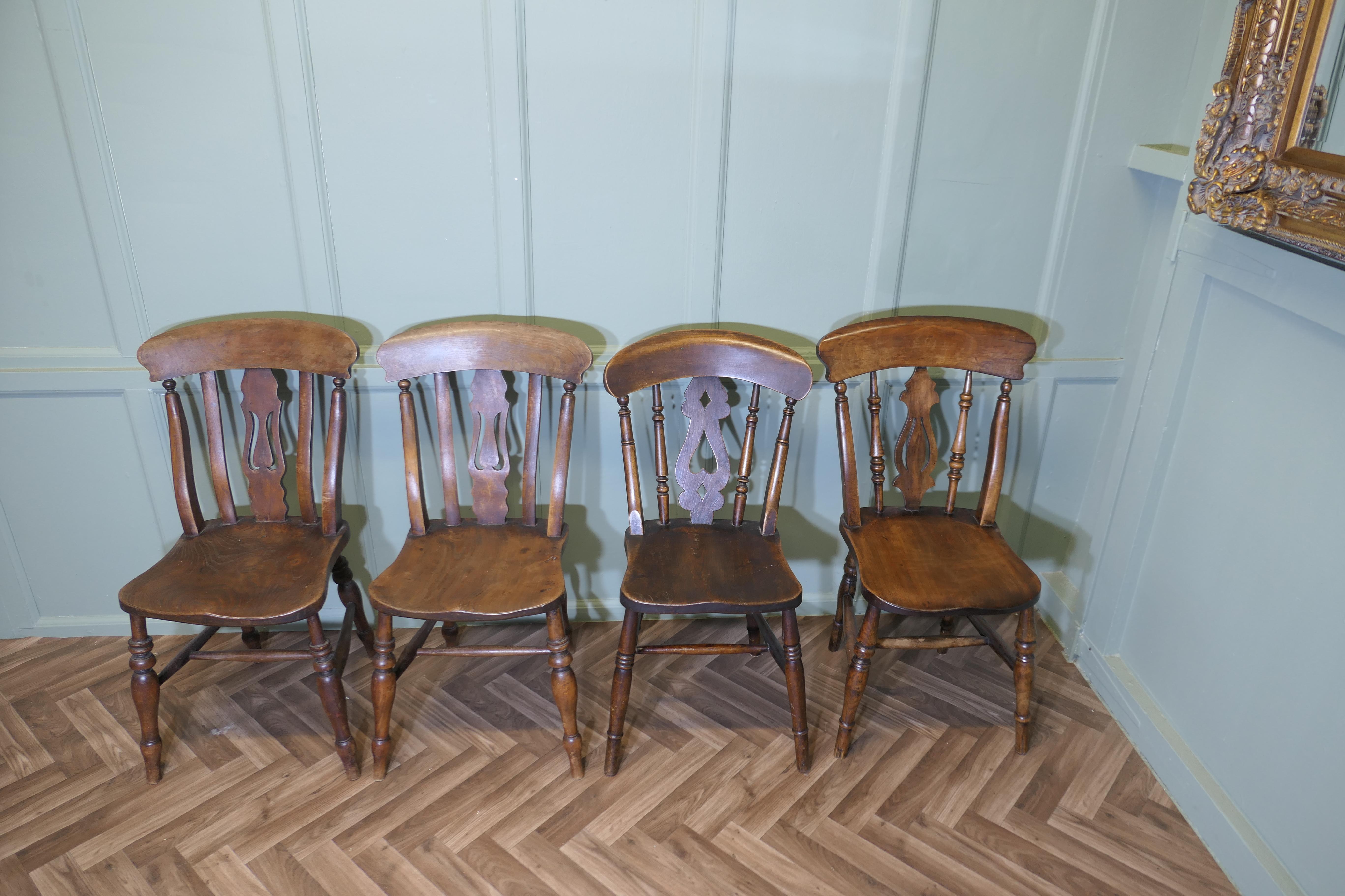 A Harlequin Set of 4 Beech & Elm Fiddle Back Chairs

This its a set of 4 Victorian Beech and Elm kitchen chairs, the chairs are a classic design called “fiddle back” which describes the back splat, there are slight differences in the turnings and to