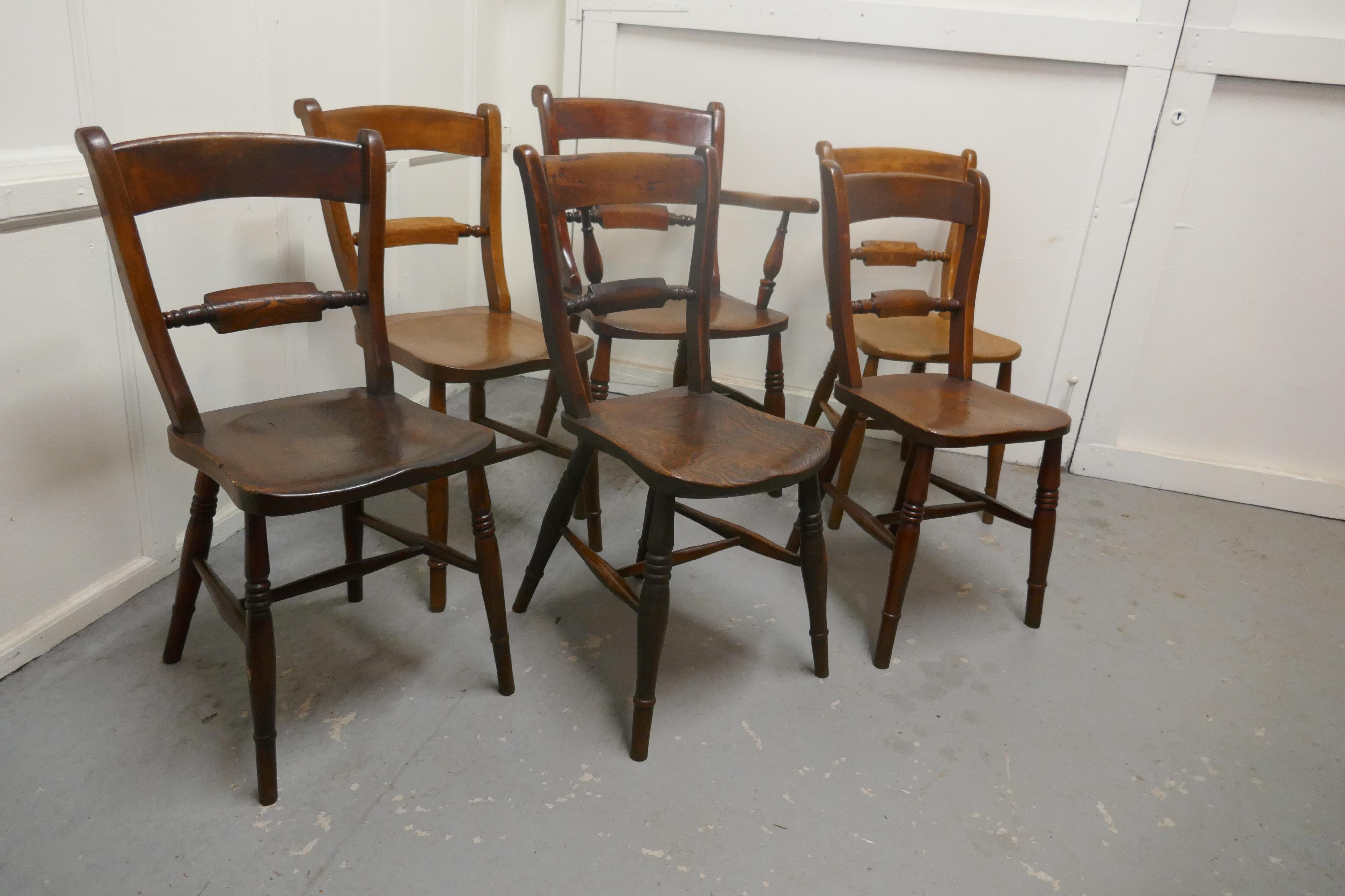 A Harlequin set of 6 Victorian beech and elm rope back kitchen chairs

The chairs are all the same style though there are some differences in the detail of the turnings, there are 5 single chairs and one carver chair
 This is a good set of